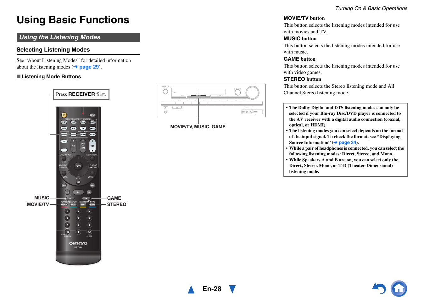 Using basic functions, Using the listening modes, En-28 | Onkyo TX-SR313 User Manual | Page 28 / 68