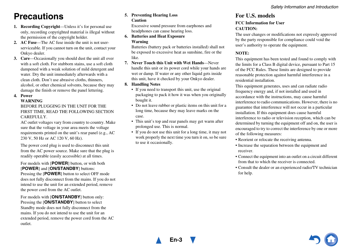 Precautions, En-3, For u.s. models | Onkyo TX-SR313 User Manual | Page 3 / 68