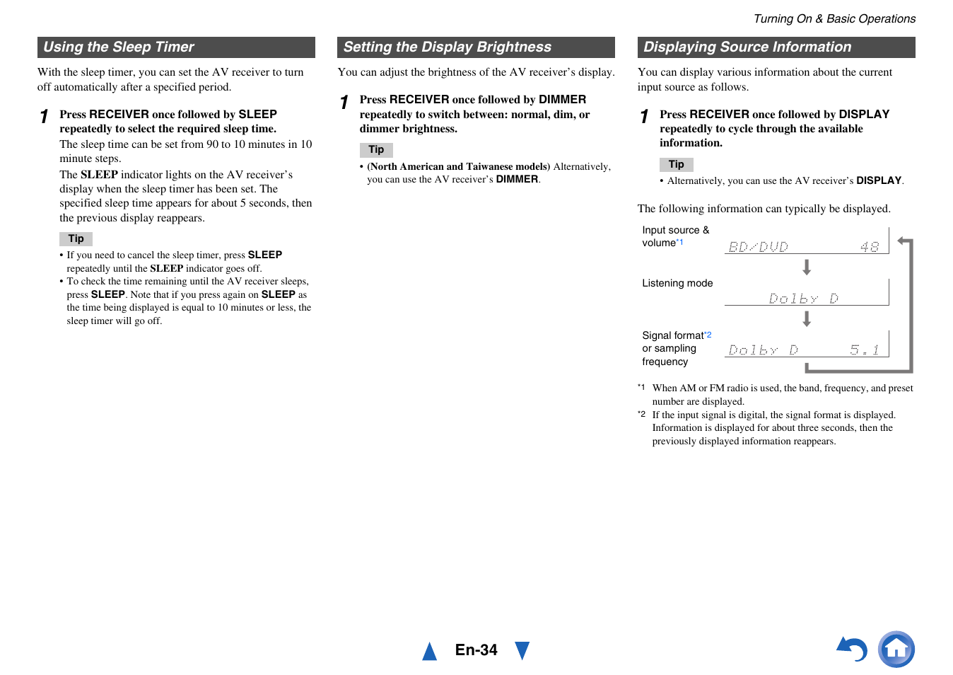 Using the sleep timer, Setting the display brightness, Displaying source information | Models), See “displaying source information, En-34 | Onkyo TX-SR313 User Manual | Page 34 / 68