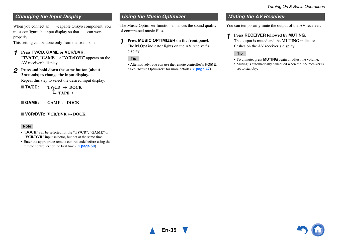 Changing the input display, Using the music optimizer, Muting the av receiver | Onkyo TX-SR313 User Manual | Page 35 / 68