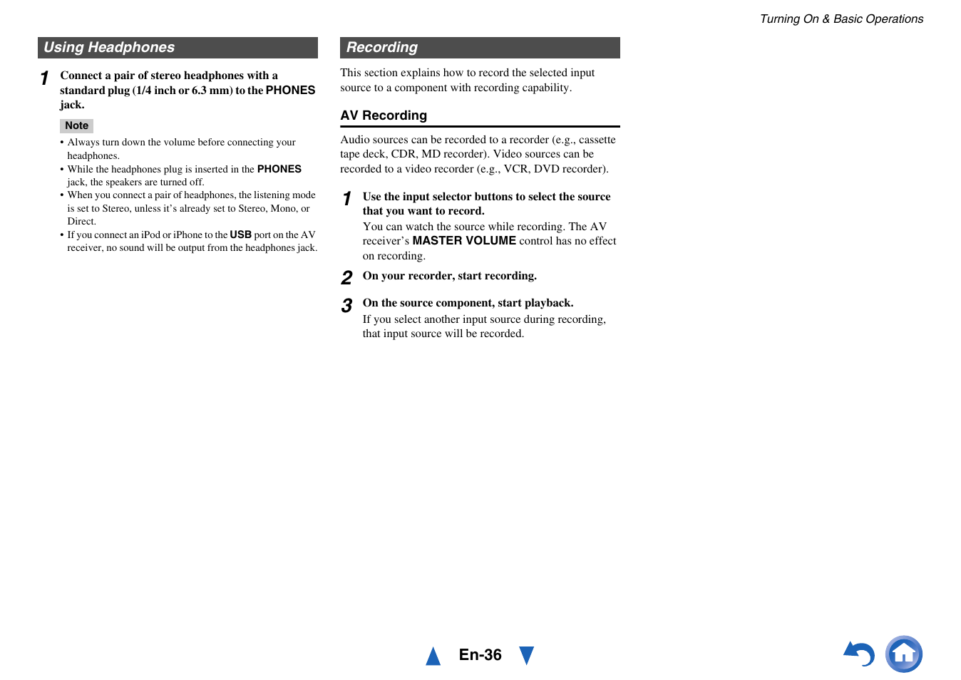 Using headphones, Recording, Using headphones recording | Jack, Iver. see “recording” about, See “recording” for details on recording | Onkyo TX-SR313 User Manual | Page 36 / 68