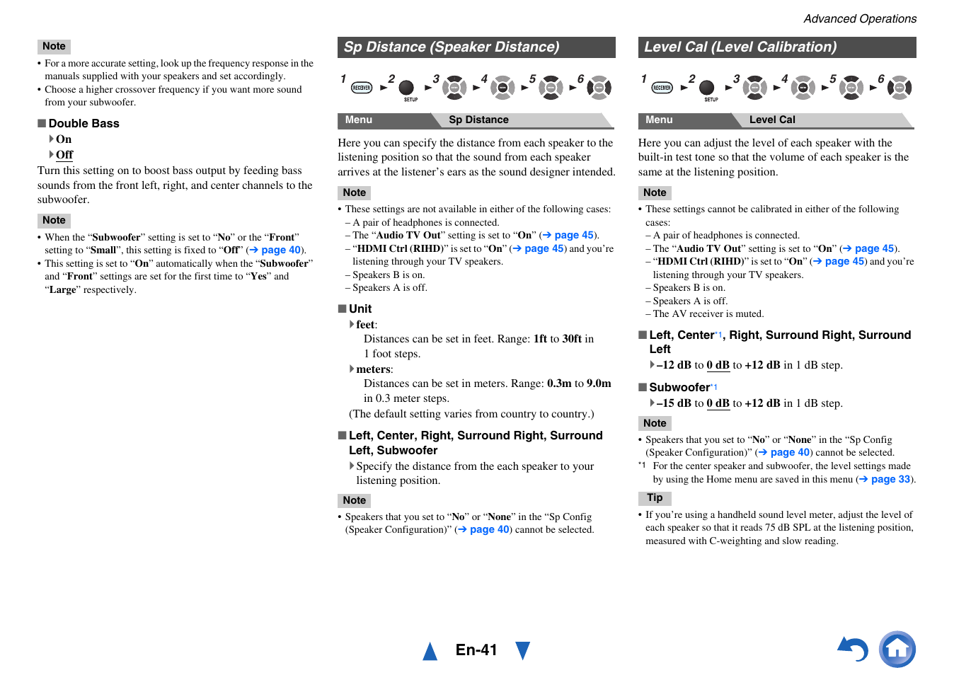 Sp distance (speaker distance), Level cal (level calibration), En-41 | Onkyo TX-SR313 User Manual | Page 41 / 68