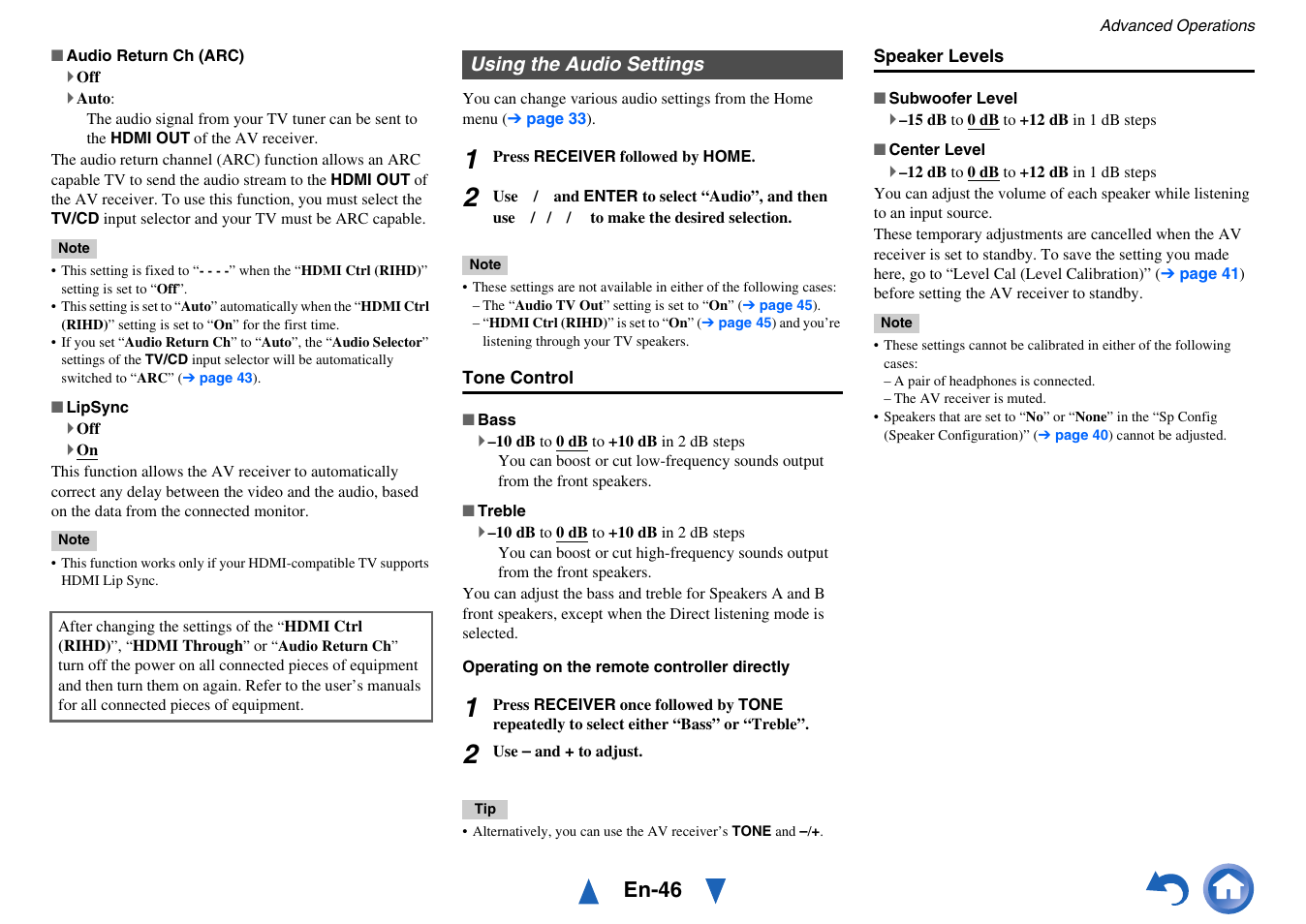 Using the audio settings, En-46 | Onkyo TX-SR313 User Manual | Page 46 / 68