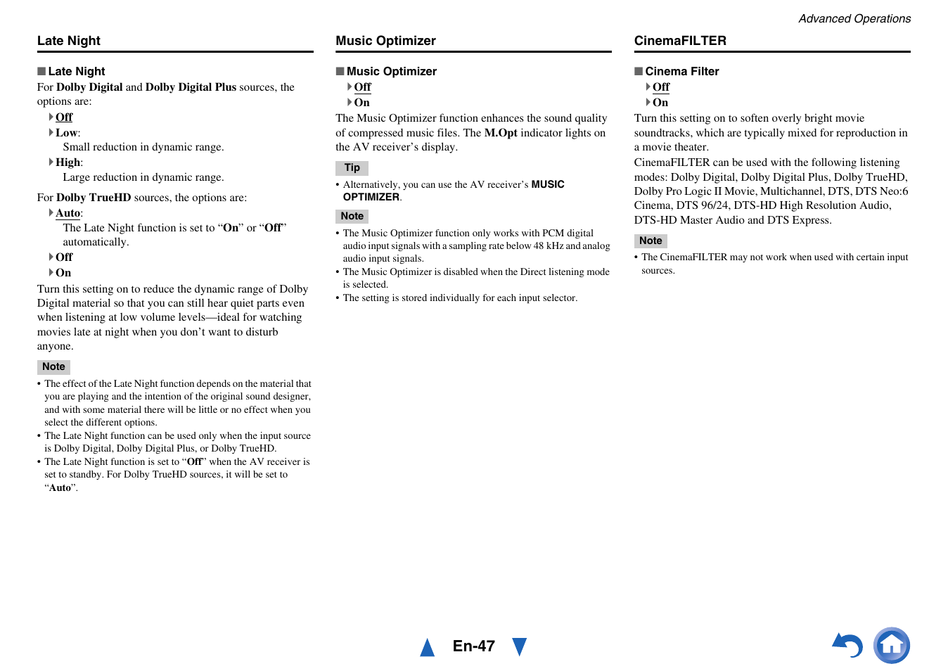 Music optimizer” f, En-47 | Onkyo TX-SR313 User Manual | Page 47 / 68