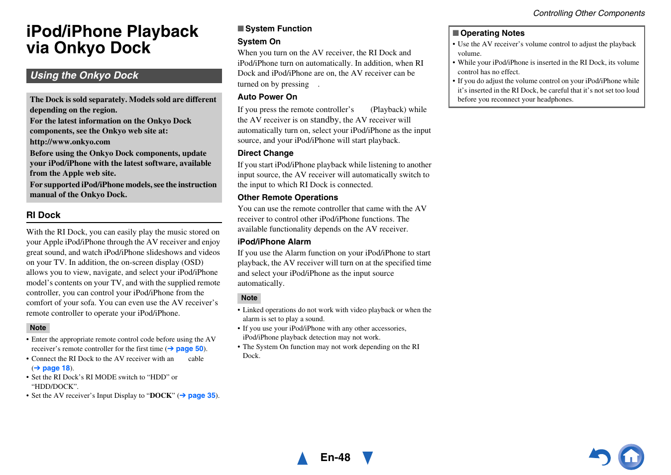 Controlling other components, Ipod/iphone playback via onkyo dock, Using the onkyo dock | En-48 | Onkyo TX-SR313 User Manual | Page 48 / 68