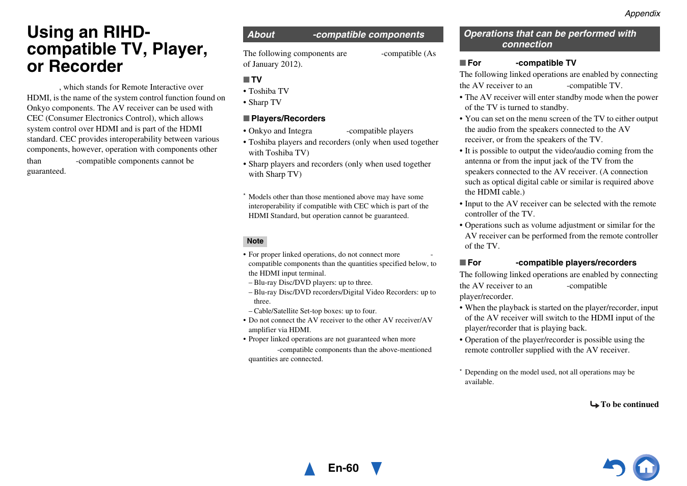 Using an rihd- compatible tv, player, or recorder, Using an rihd-compatible tv, player, Or recorder | Using an rihd-compatible tv, player, or recorder, En-60 | Onkyo TX-SR313 User Manual | Page 60 / 68