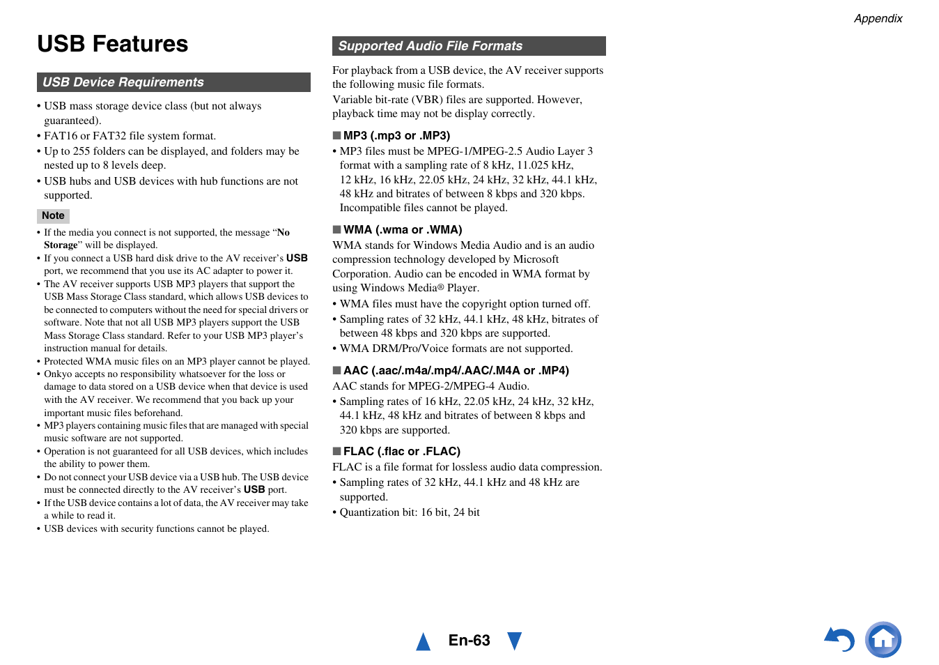 Usb features, En-63 | Onkyo TX-SR313 User Manual | Page 63 / 68