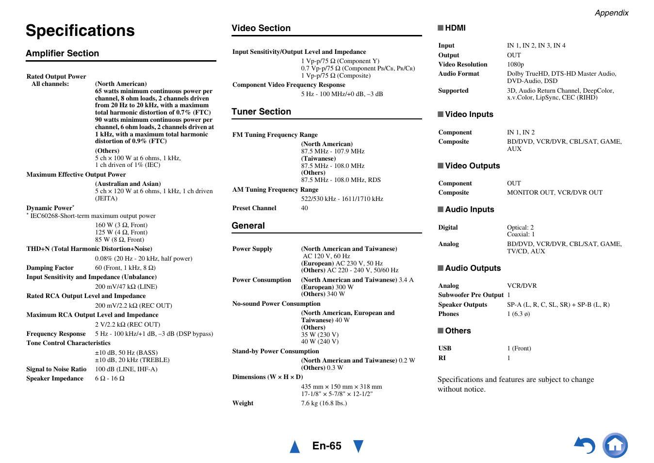 Specifications, En-65 | Onkyo TX-SR313 User Manual | Page 65 / 68