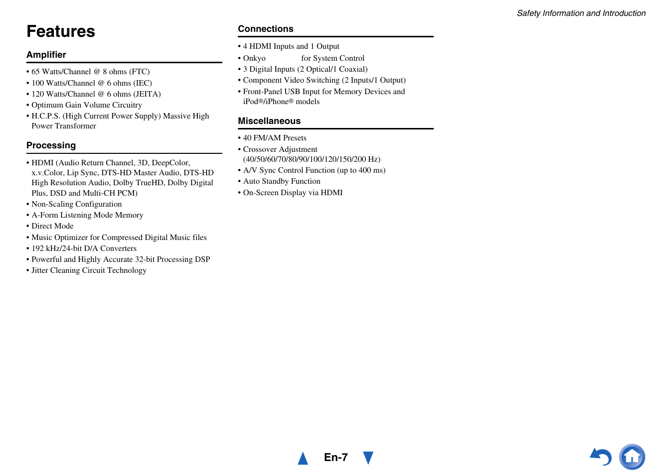 Features | Onkyo TX-SR313 User Manual | Page 7 / 68