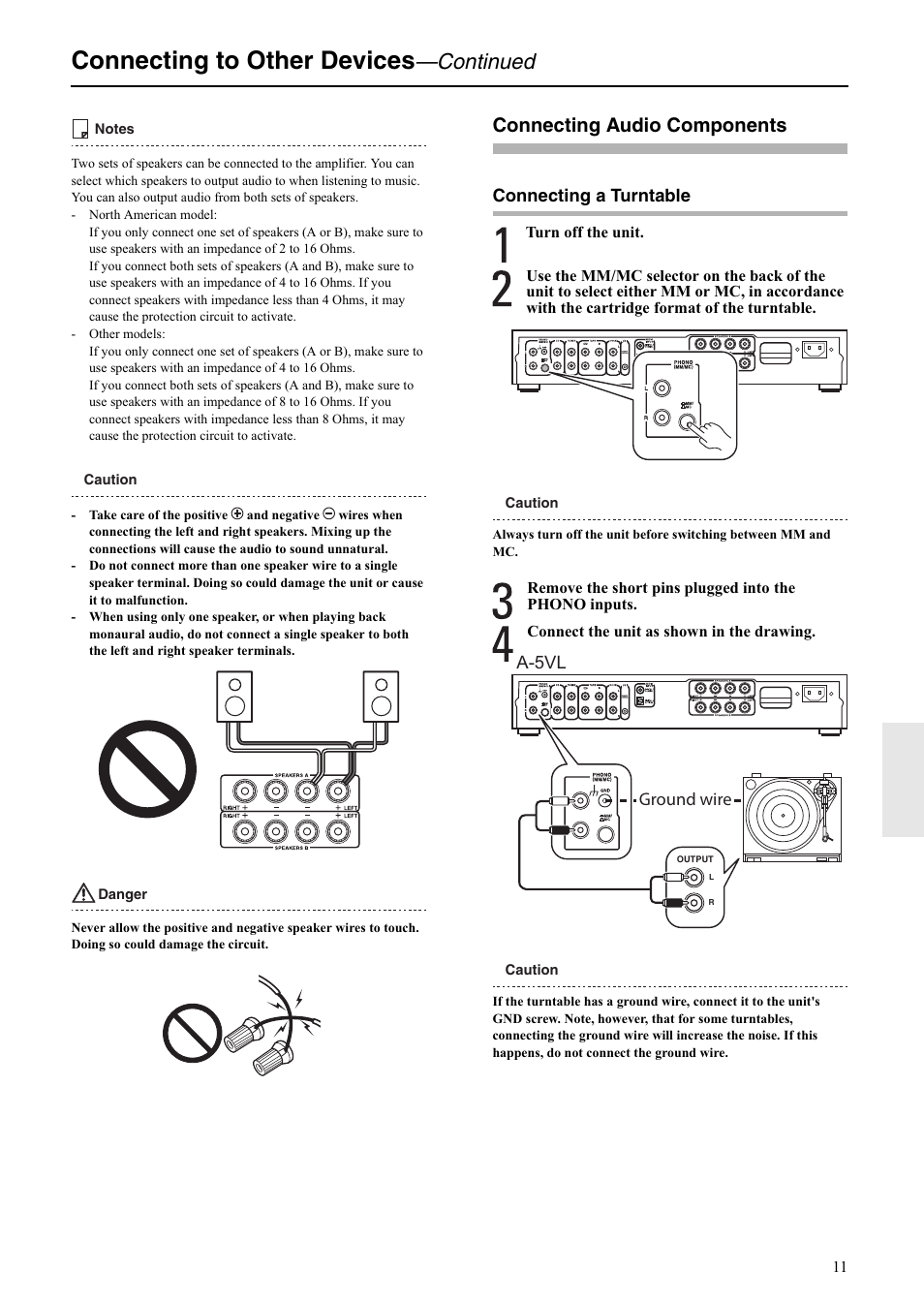 Connecting to other devices, Continued, Connecting audio components | Connecting a turntable, A-5vl ground wire | Onkyo A-5VL User Manual | Page 11 / 20