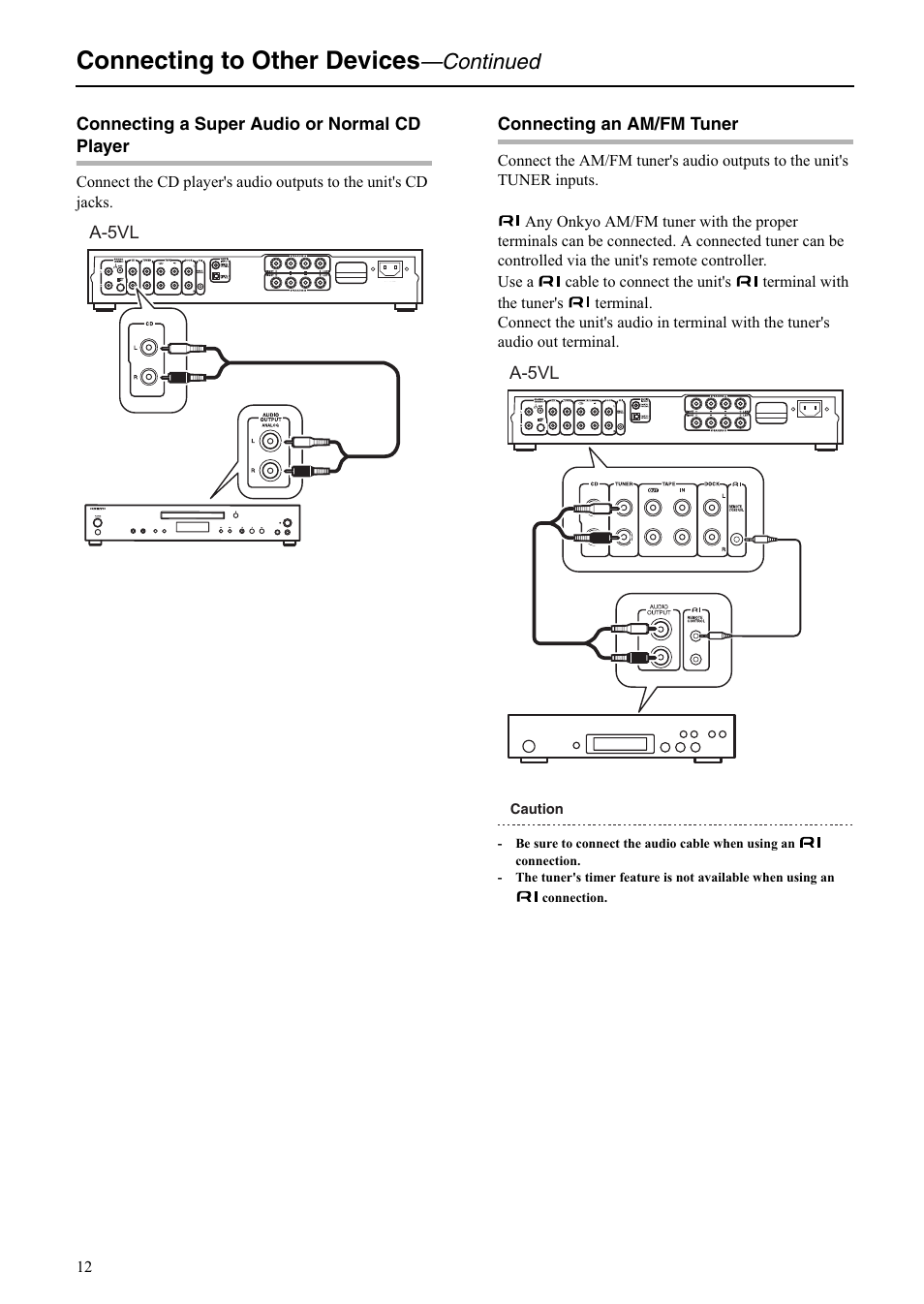 Connecting to other devices, Continued | Onkyo A-5VL User Manual | Page 12 / 20