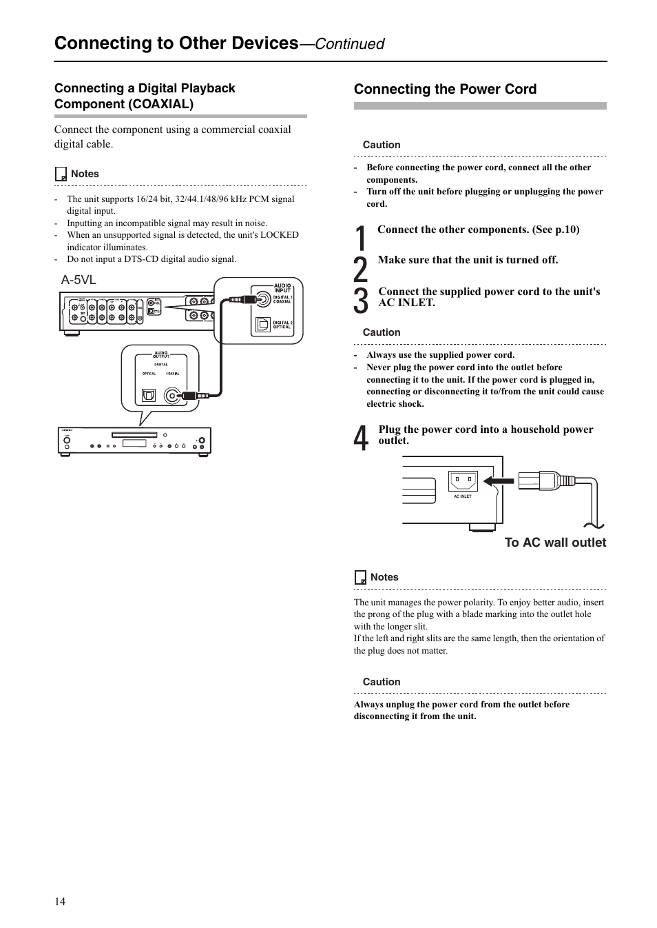 Connecting to other devices, Continued, Connecting the power cord | Onkyo A-5VL User Manual | Page 14 / 20
