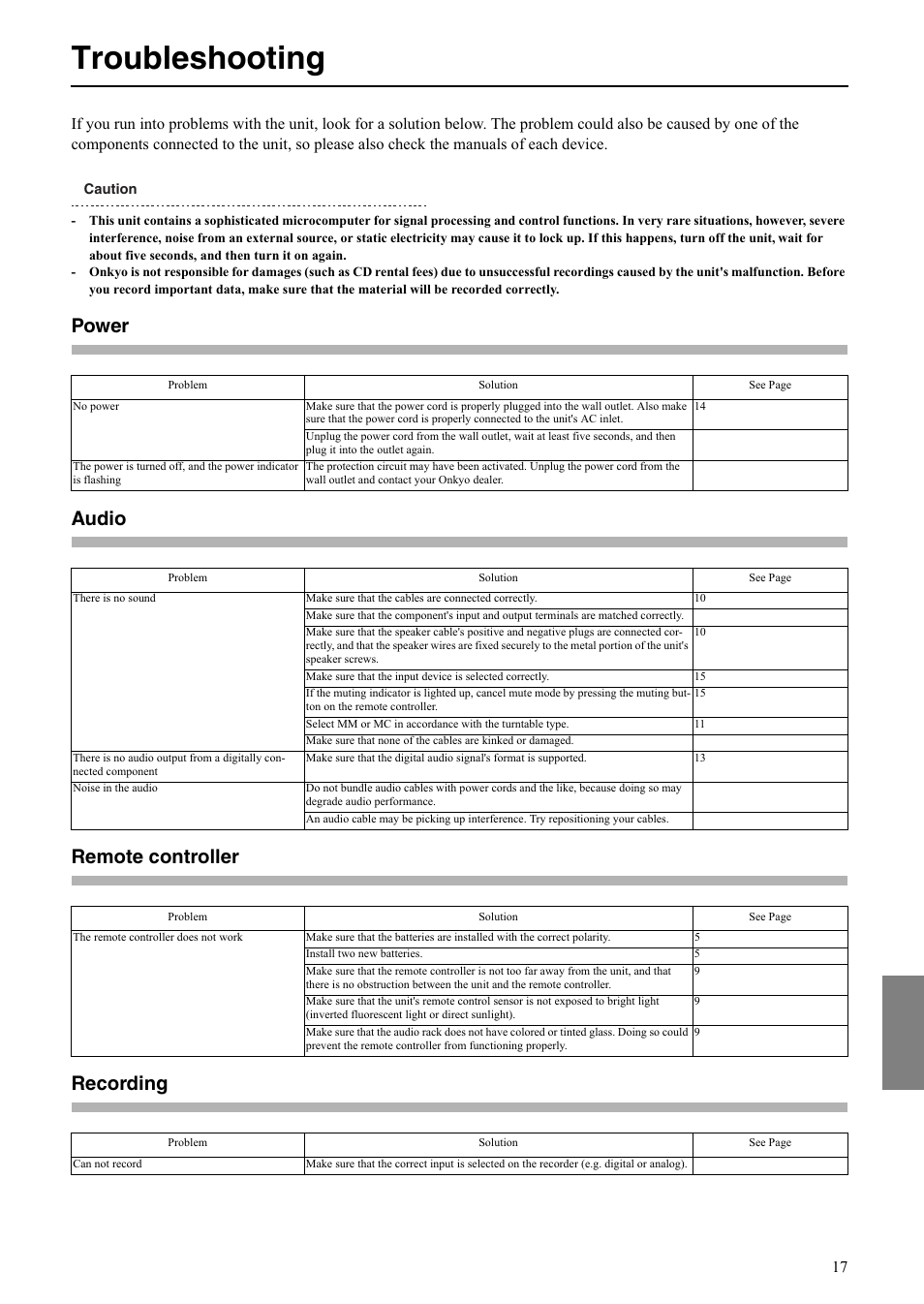 Troubleshooting, Power audio remote controller recording | Onkyo A-5VL User Manual | Page 17 / 20