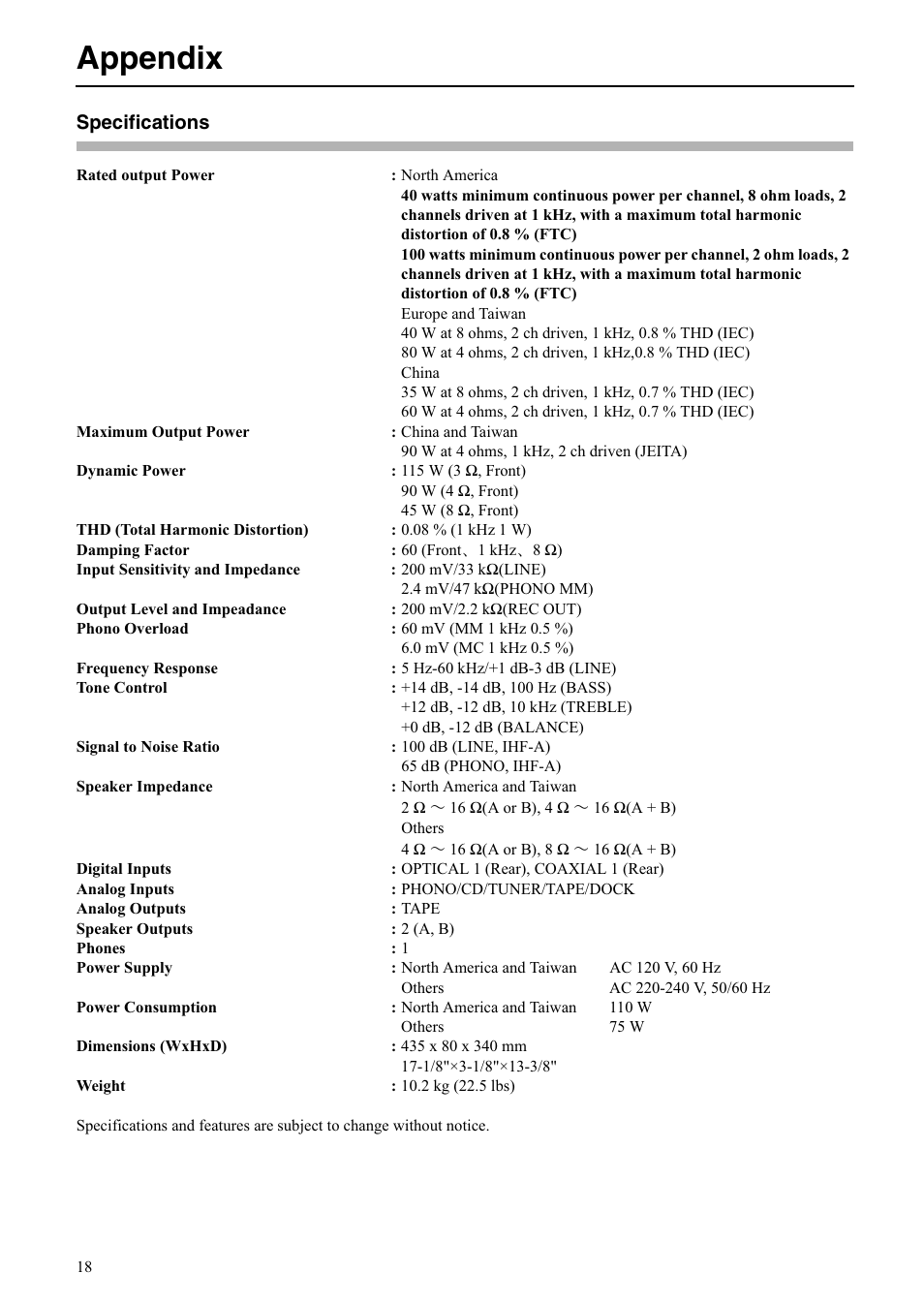 Appendix, Specifications | Onkyo A-5VL User Manual | Page 18 / 20