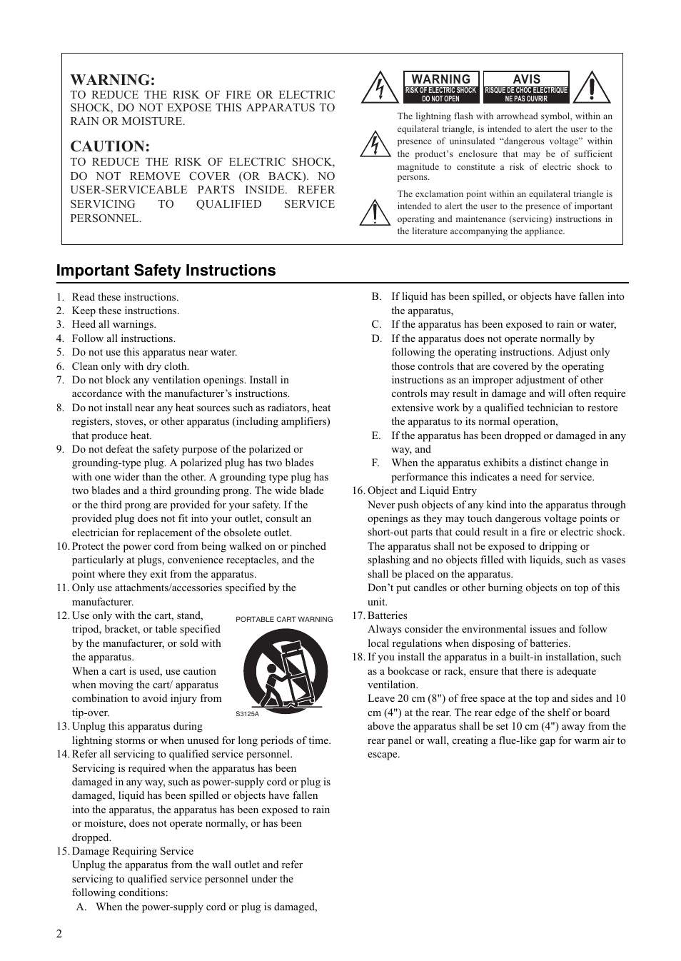 Important safety instructions, Warning, Caution | Onkyo A-5VL User Manual | Page 2 / 20
