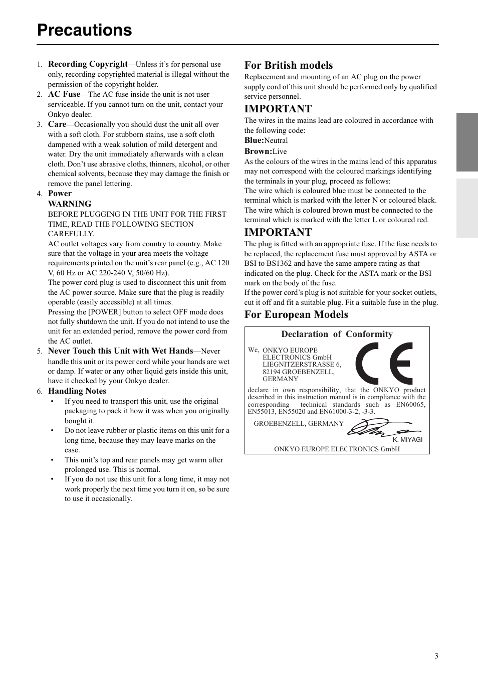 Precautions, For british models, Important | For european models | Onkyo A-5VL User Manual | Page 3 / 20