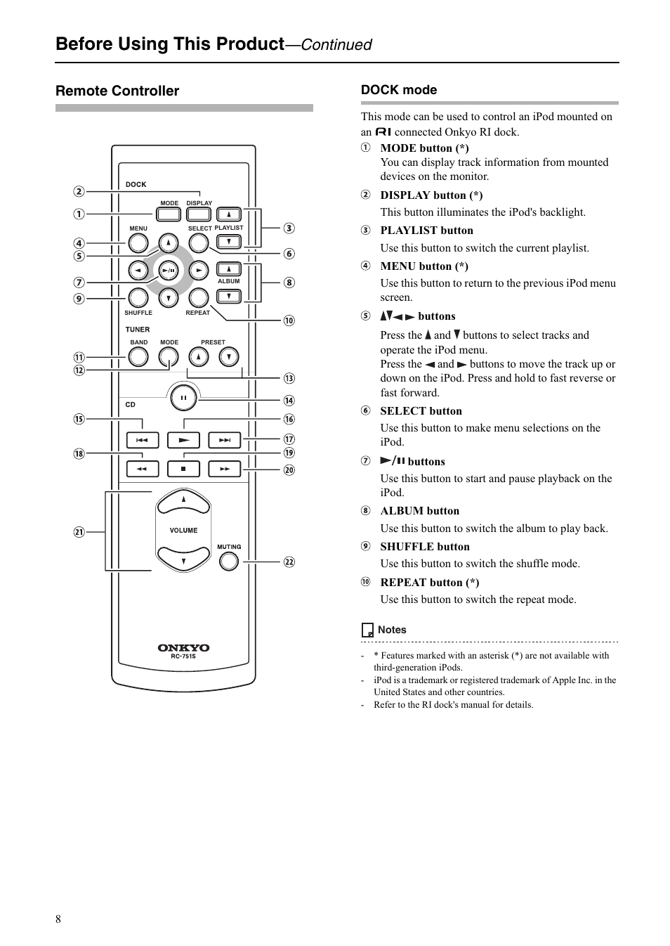 Before using this product, Continued, Remote controller | Dock mode | Onkyo A-5VL User Manual | Page 8 / 20