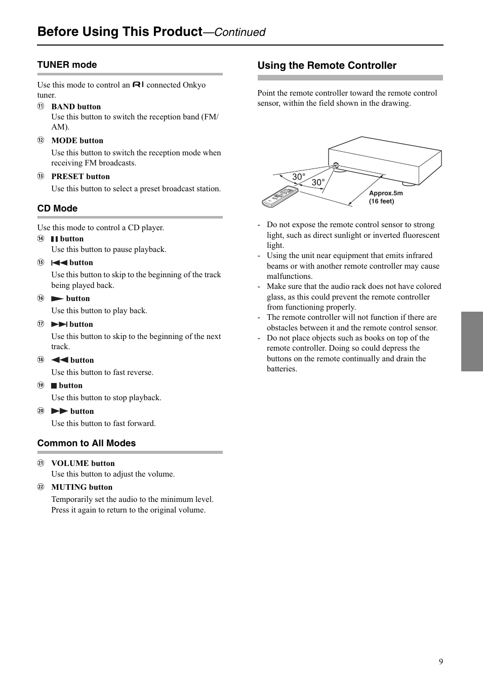 Before using this product, Continued, Using the remote controller | Onkyo A-5VL User Manual | Page 9 / 20