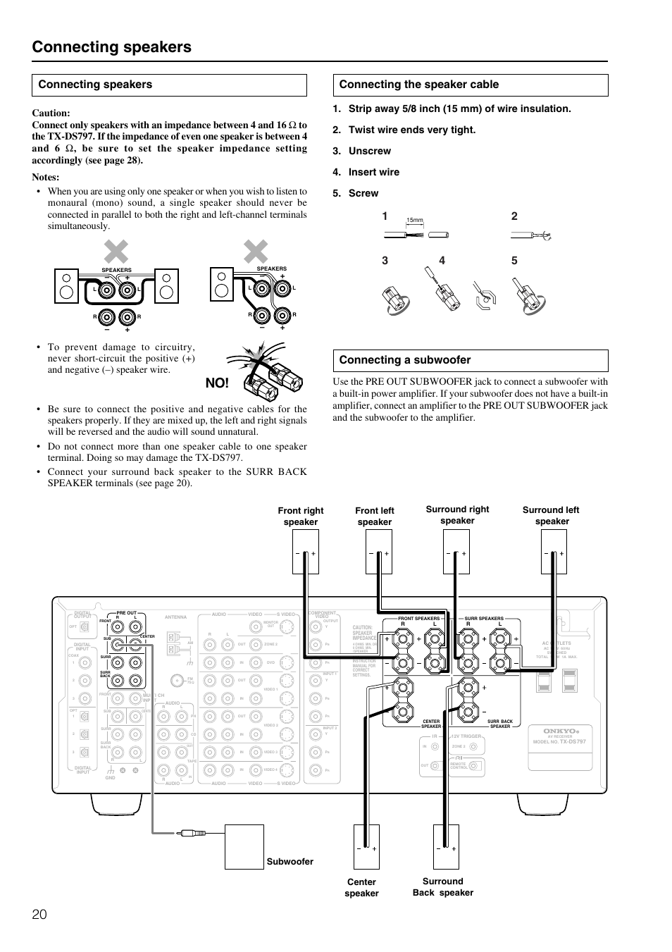 Connecting speakers, Connecting a subwoofer, Connecting the speaker cable | Center speaker subwoofer, Surround back speaker | Onkyo TX-DS797 User Manual | Page 20 / 76