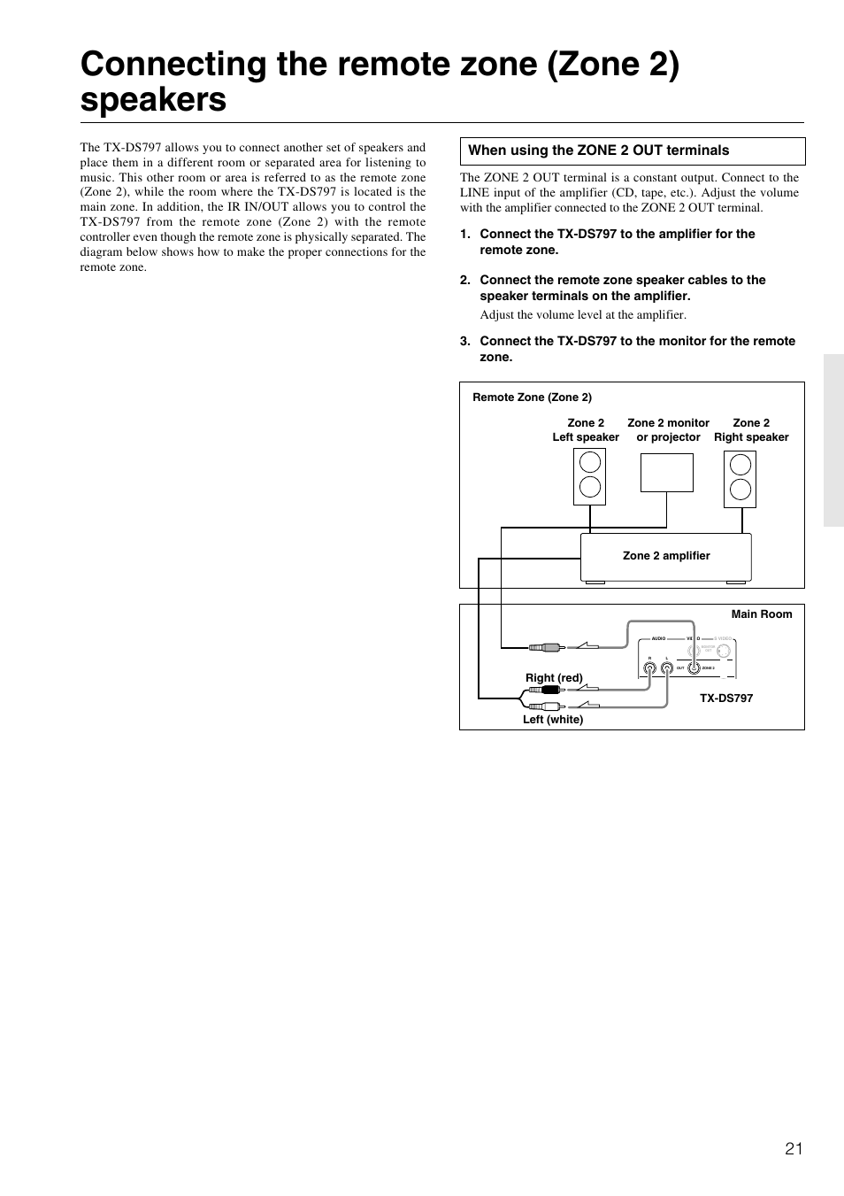 Connecting the remote zone (zone 2) speakers, When using the zone 2 out terminals | Onkyo TX-DS797 User Manual | Page 21 / 76