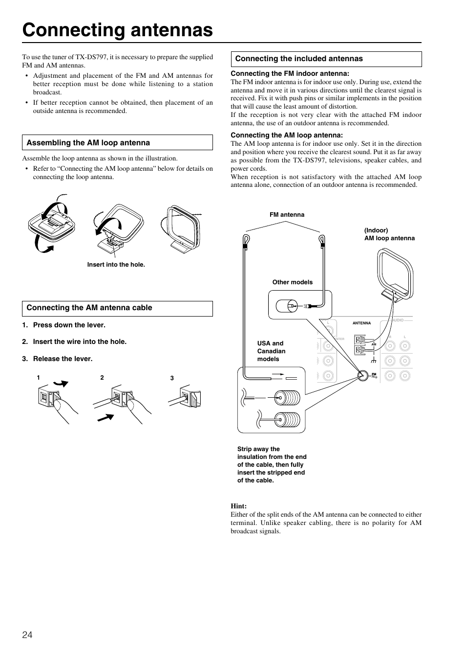 Connecting antennas, Connecting the am antenna cable, Connecting the included antennas | Assembling the am loop antenna | Onkyo TX-DS797 User Manual | Page 24 / 76