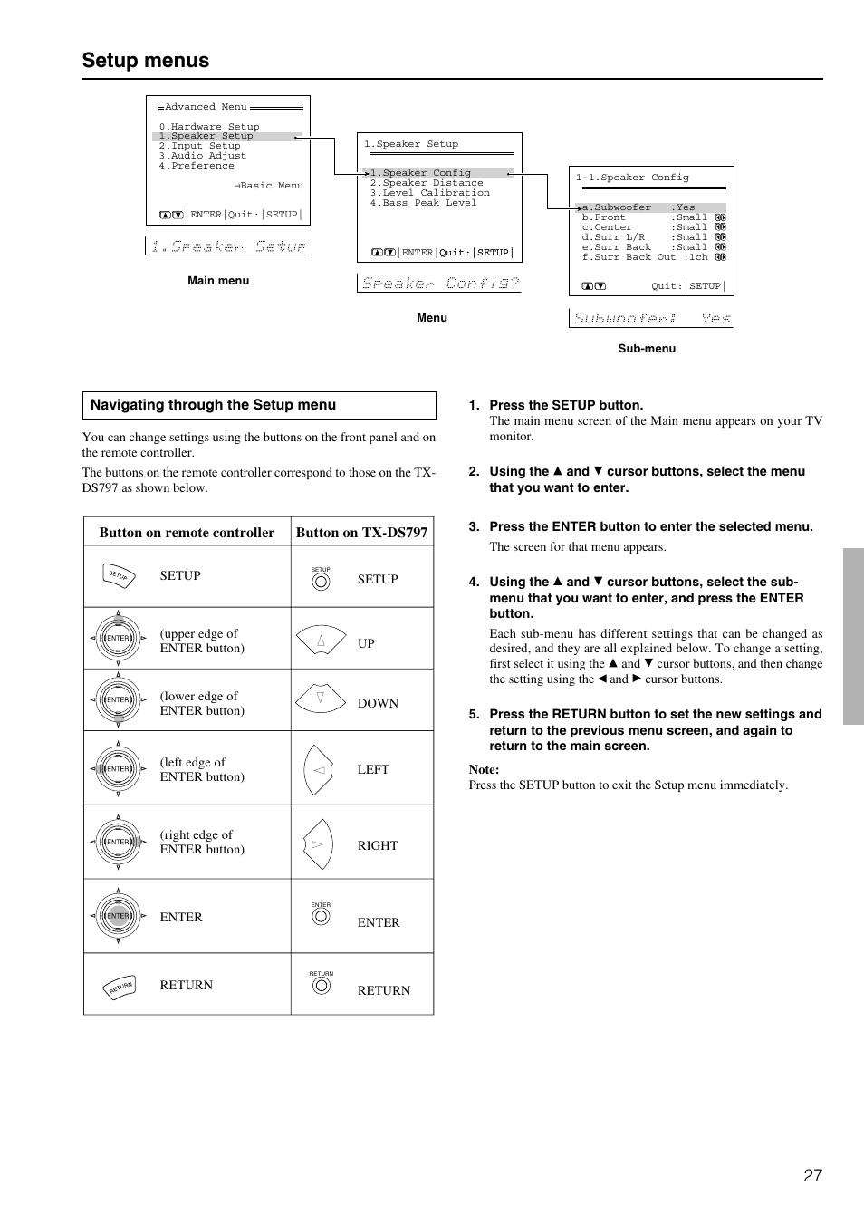 Setup menus | Onkyo TX-DS797 User Manual | Page 27 / 76