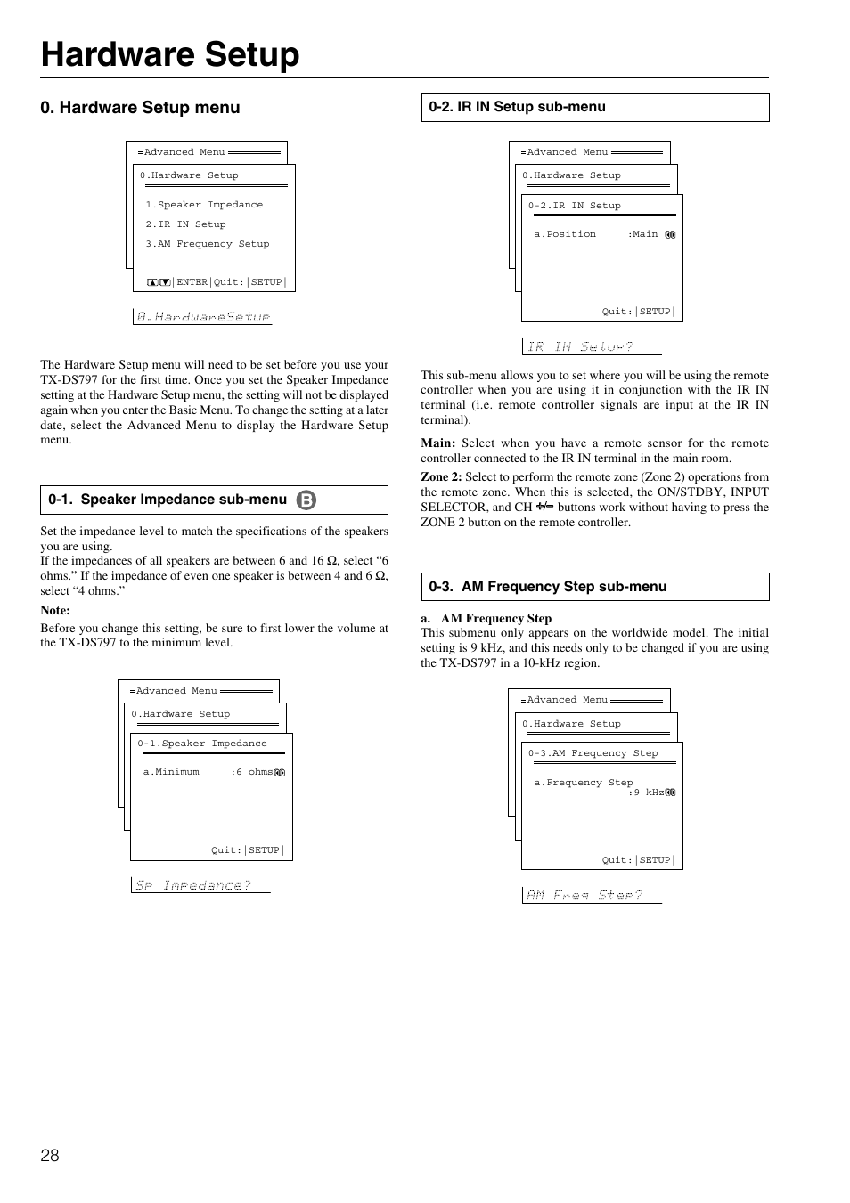 Hardware setup, Hardware setup menu | Onkyo TX-DS797 User Manual | Page 28 / 76