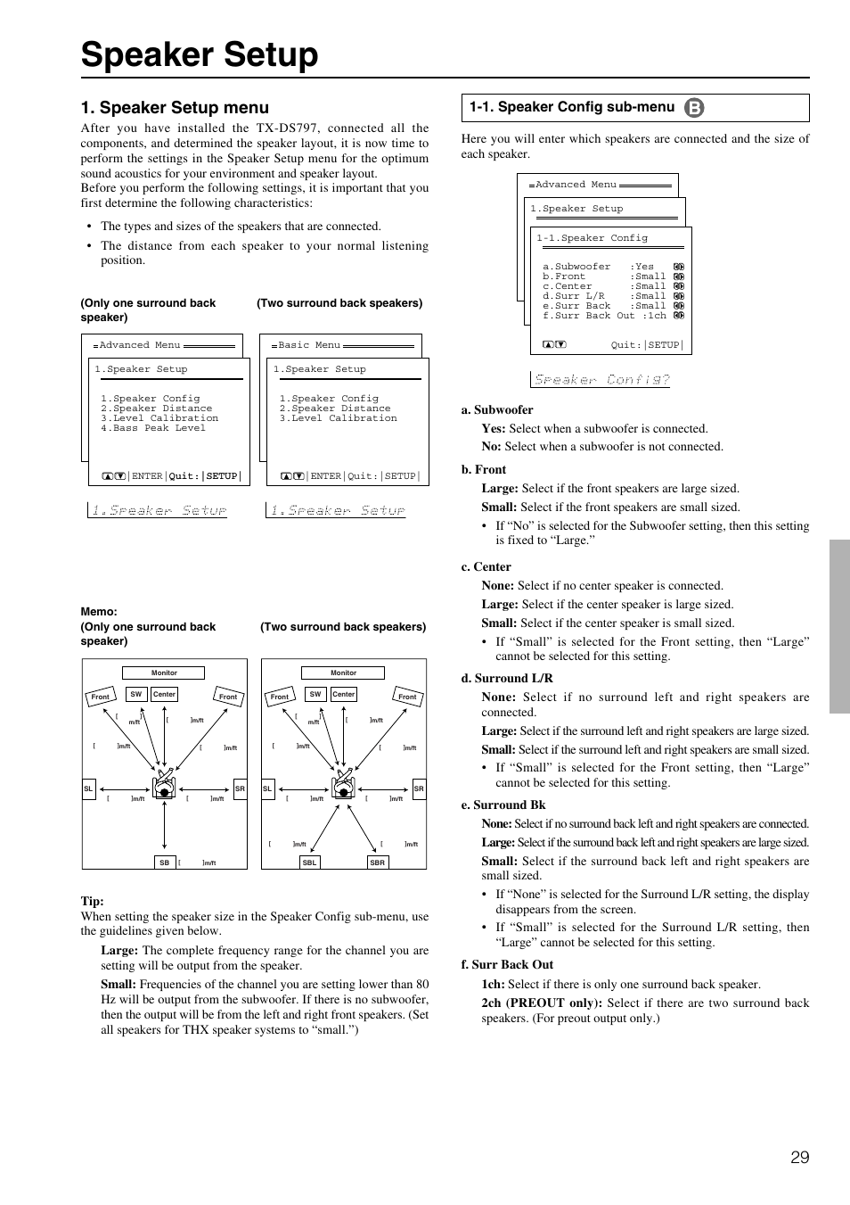 Speaker setup, Speaker setup menu, 1. speaker config sub-menu | Onkyo TX-DS797 User Manual | Page 29 / 76