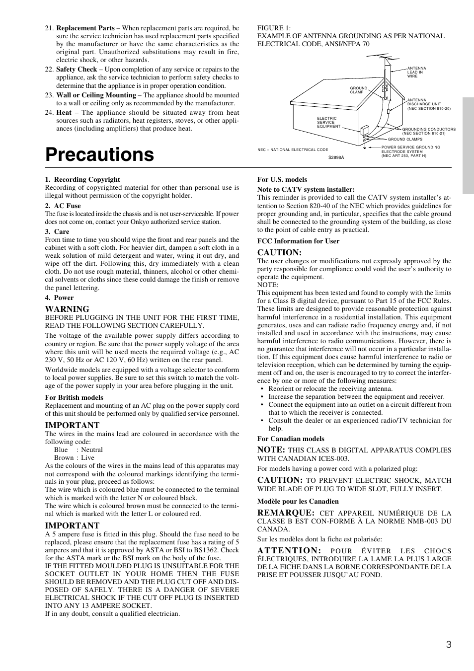 Precautions | Onkyo TX-DS797 User Manual | Page 3 / 76