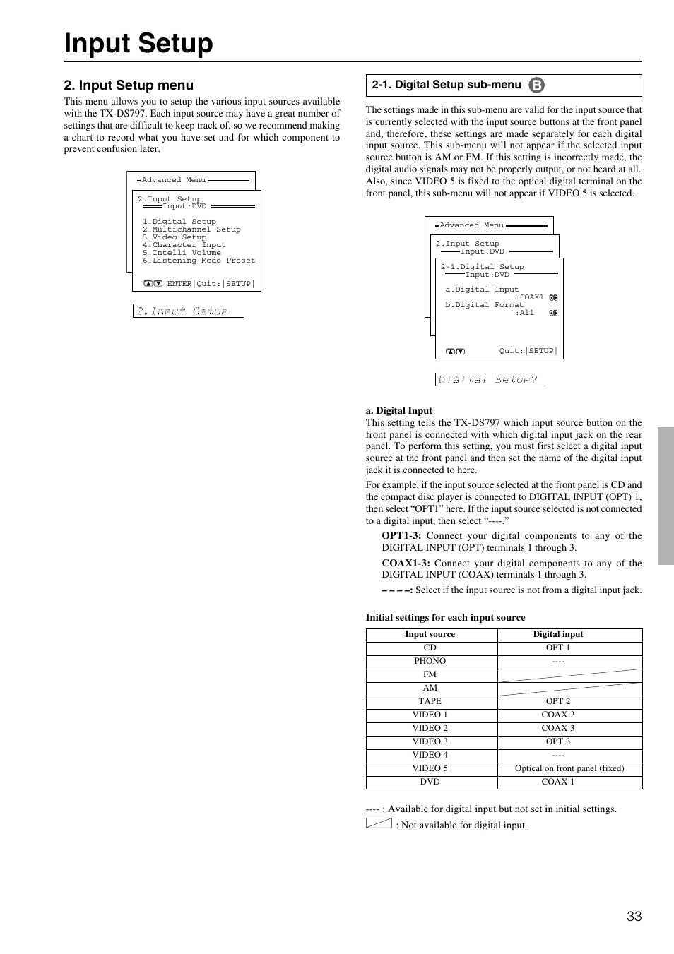 Input setup, Input setup menu | Onkyo TX-DS797 User Manual | Page 33 / 76