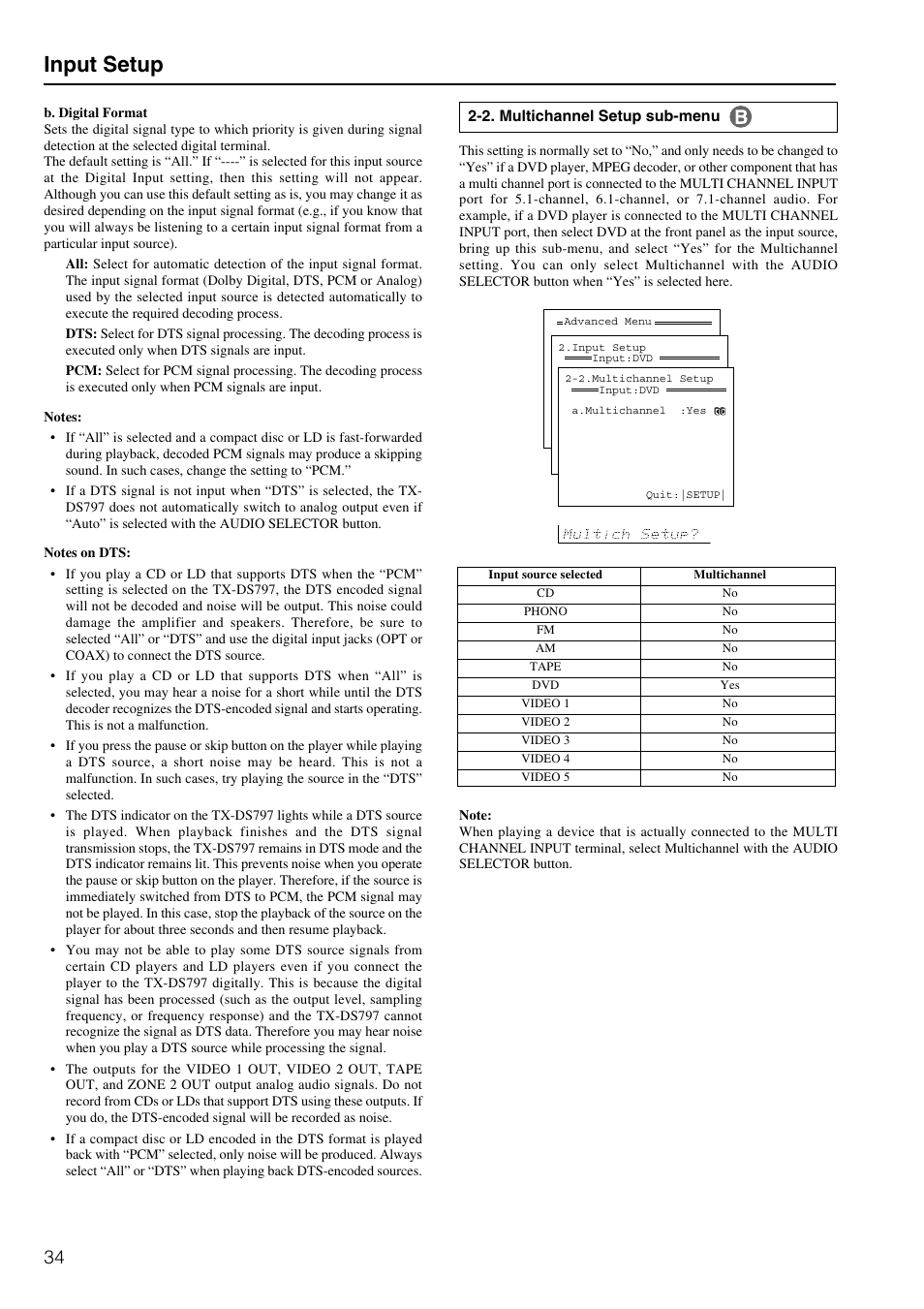 Input setup | Onkyo TX-DS797 User Manual | Page 34 / 76