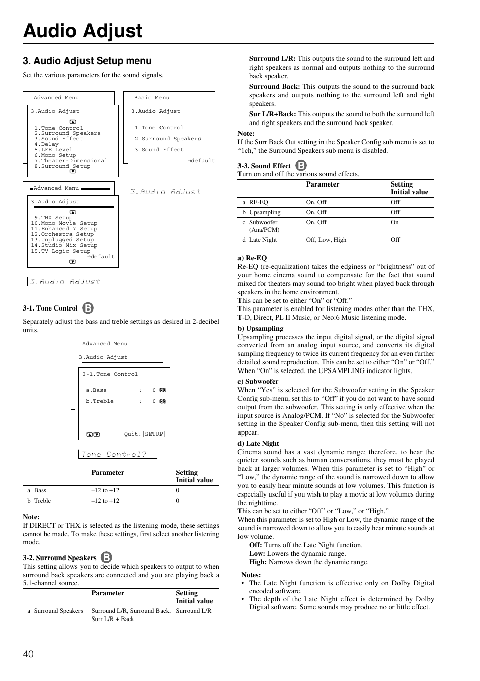 Audio adjust, Audio adjust setup menu | Onkyo TX-DS797 User Manual | Page 40 / 76