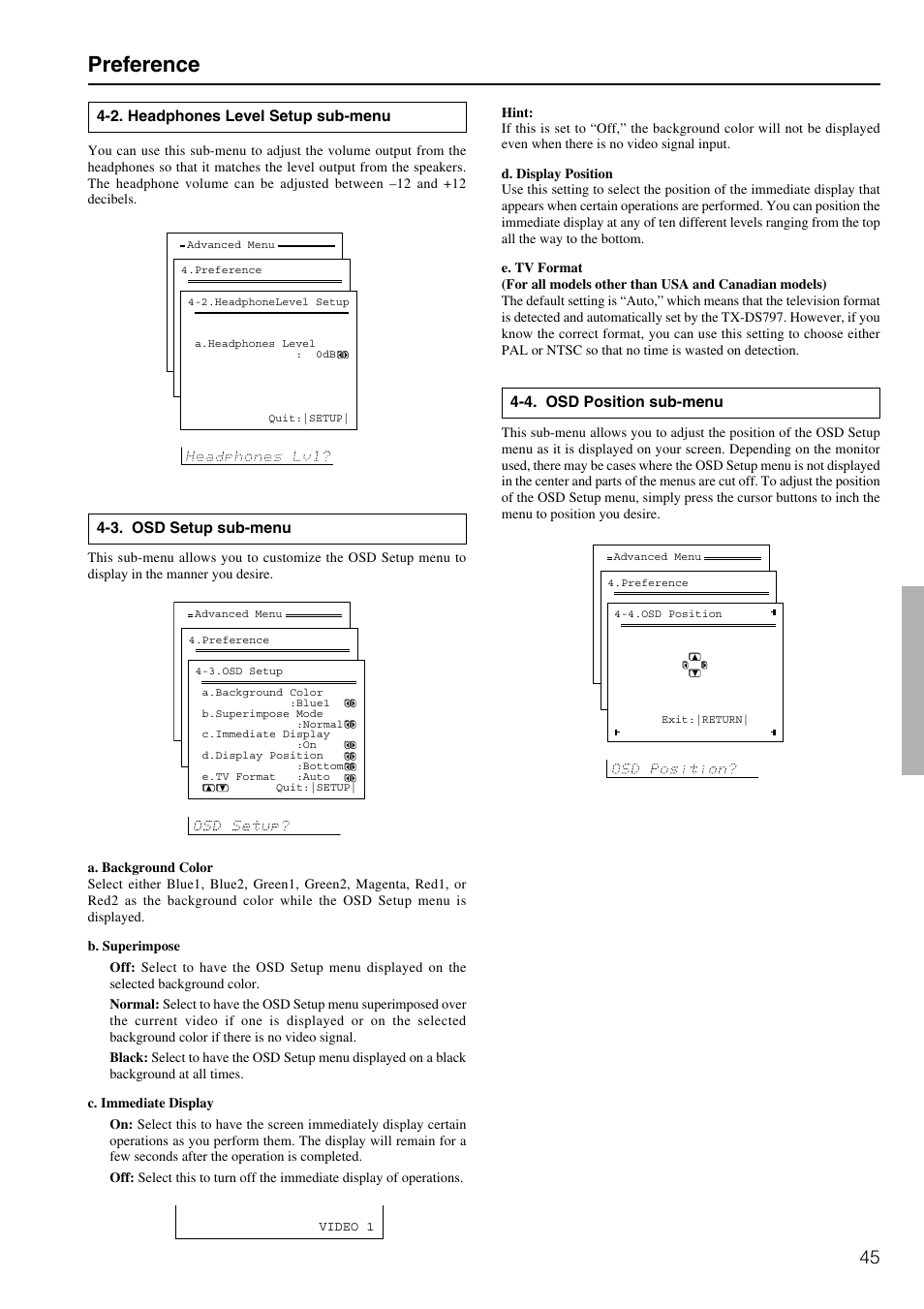Preference | Onkyo TX-DS797 User Manual | Page 45 / 76