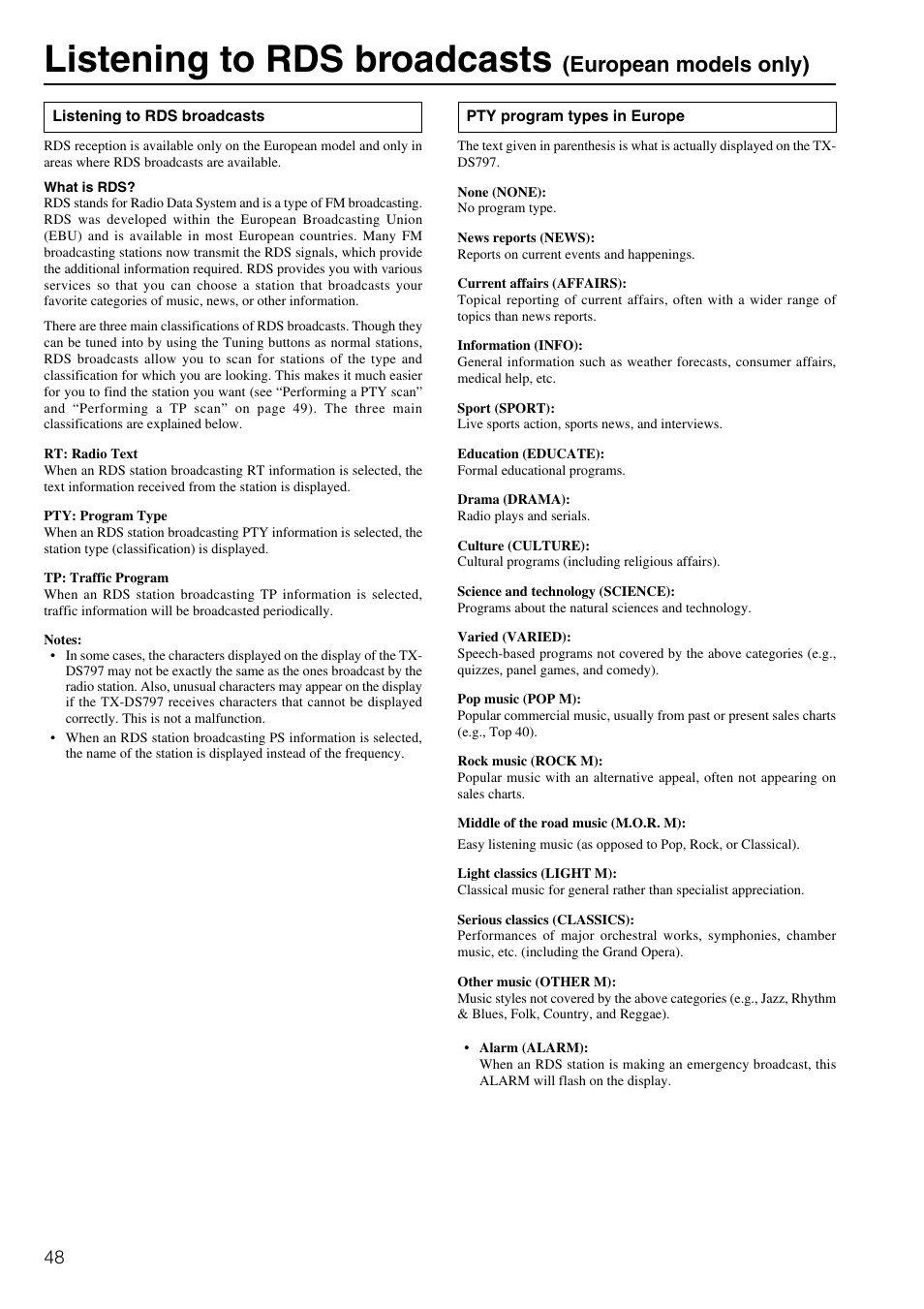 Listening to rds broadcasts, European models only) | Onkyo TX-DS797 User Manual | Page 48 / 76