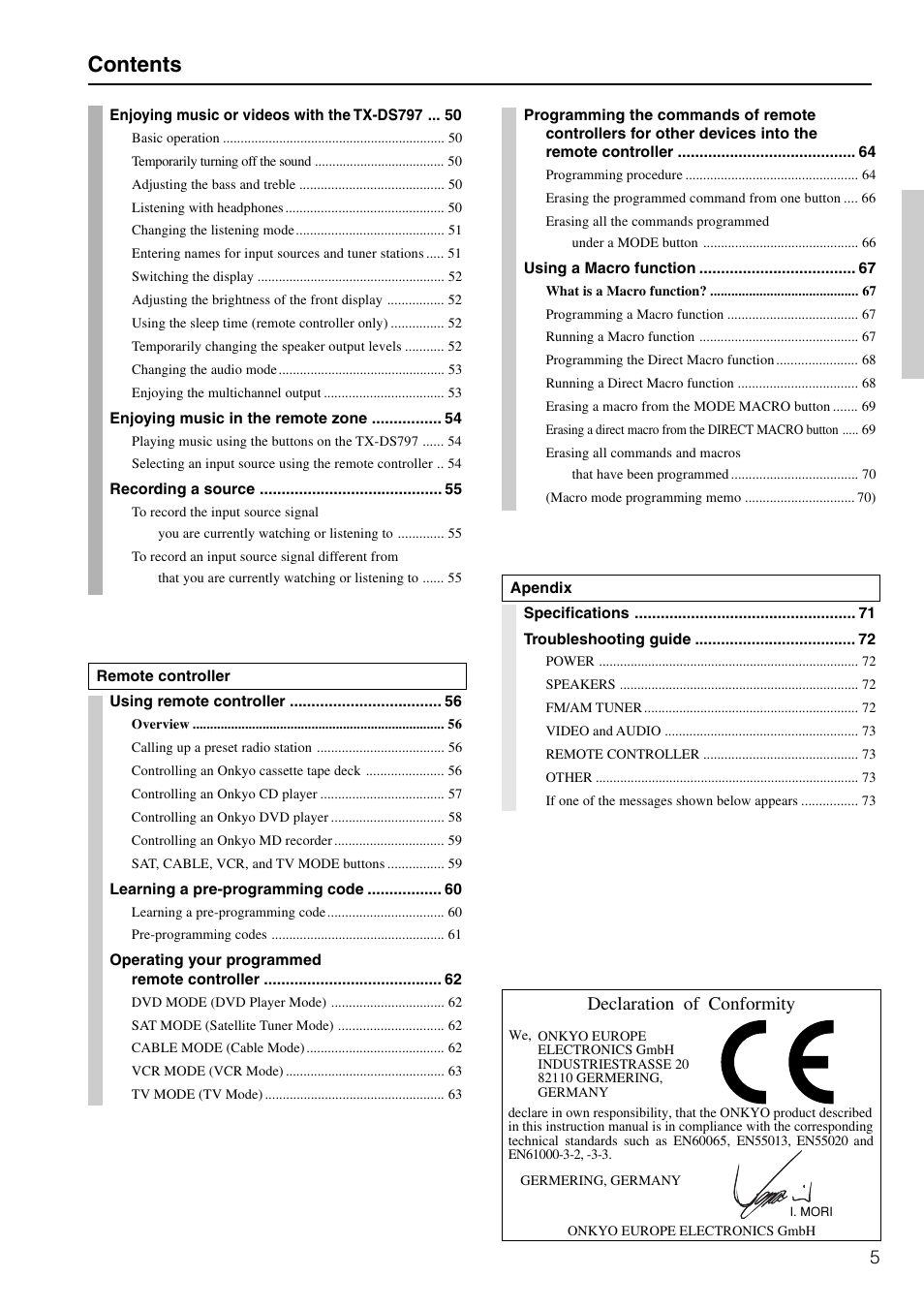 Onkyo TX-DS797 User Manual | Page 5 / 76