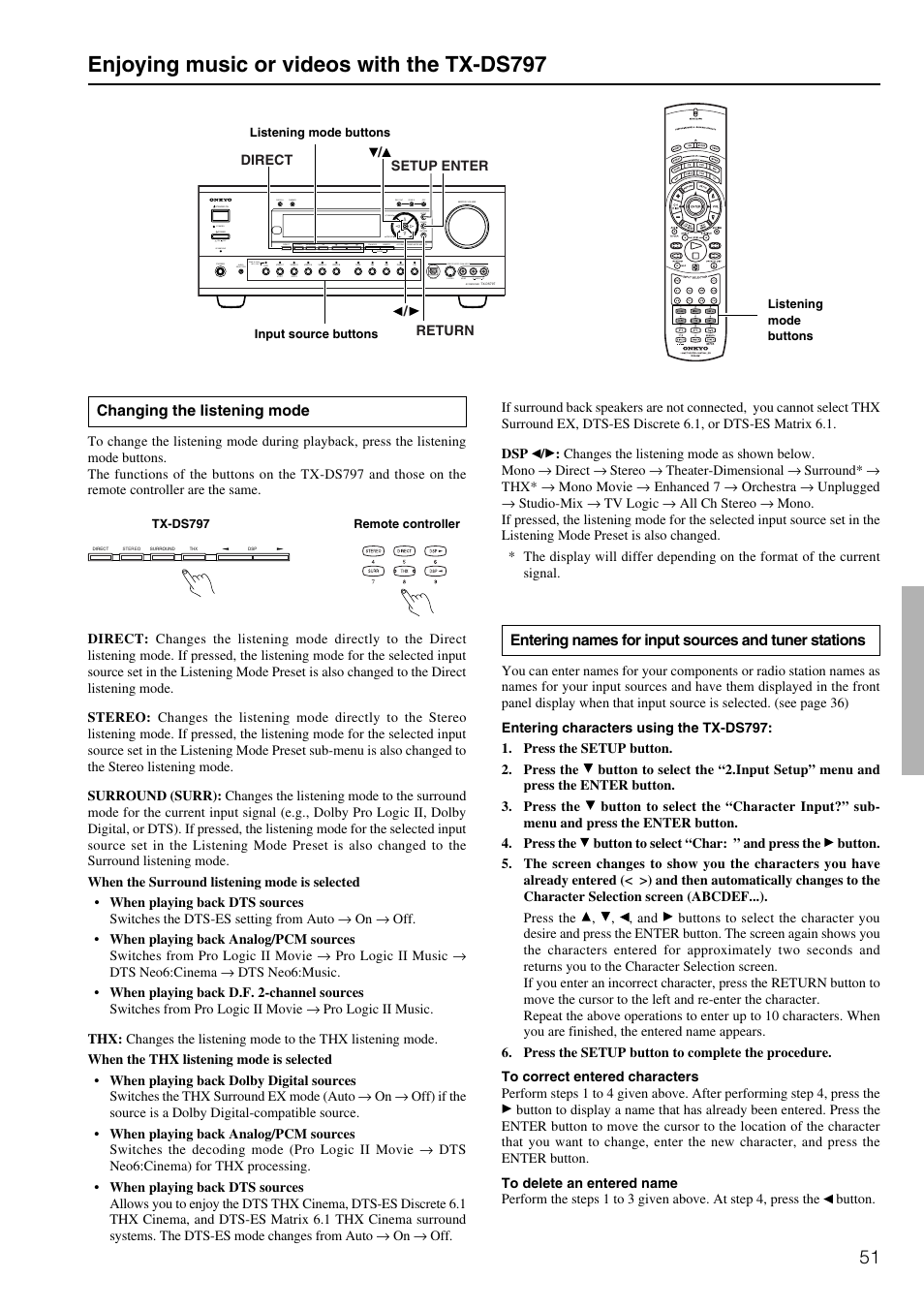 Enjoying music or videos with the tx-ds797, Changing the listening mode | Onkyo TX-DS797 User Manual | Page 51 / 76