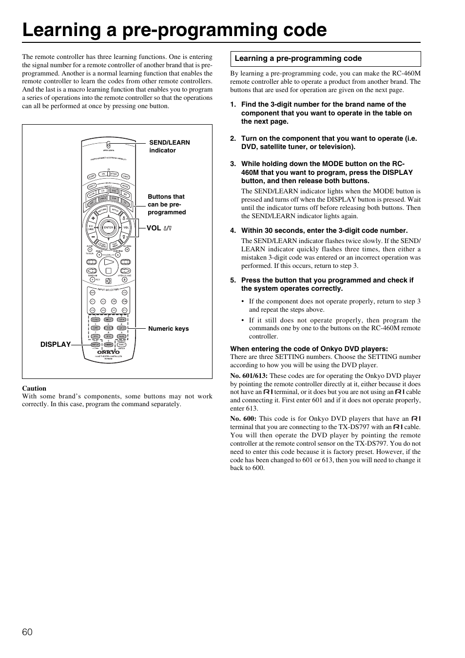 Learning a pre-programming code | Onkyo TX-DS797 User Manual | Page 60 / 76