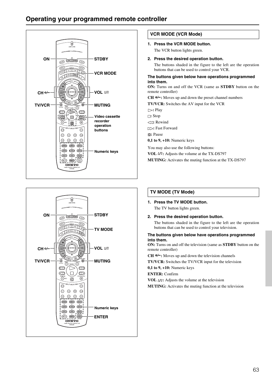 Operating your programmed remote controller | Onkyo TX-DS797 User Manual | Page 63 / 76