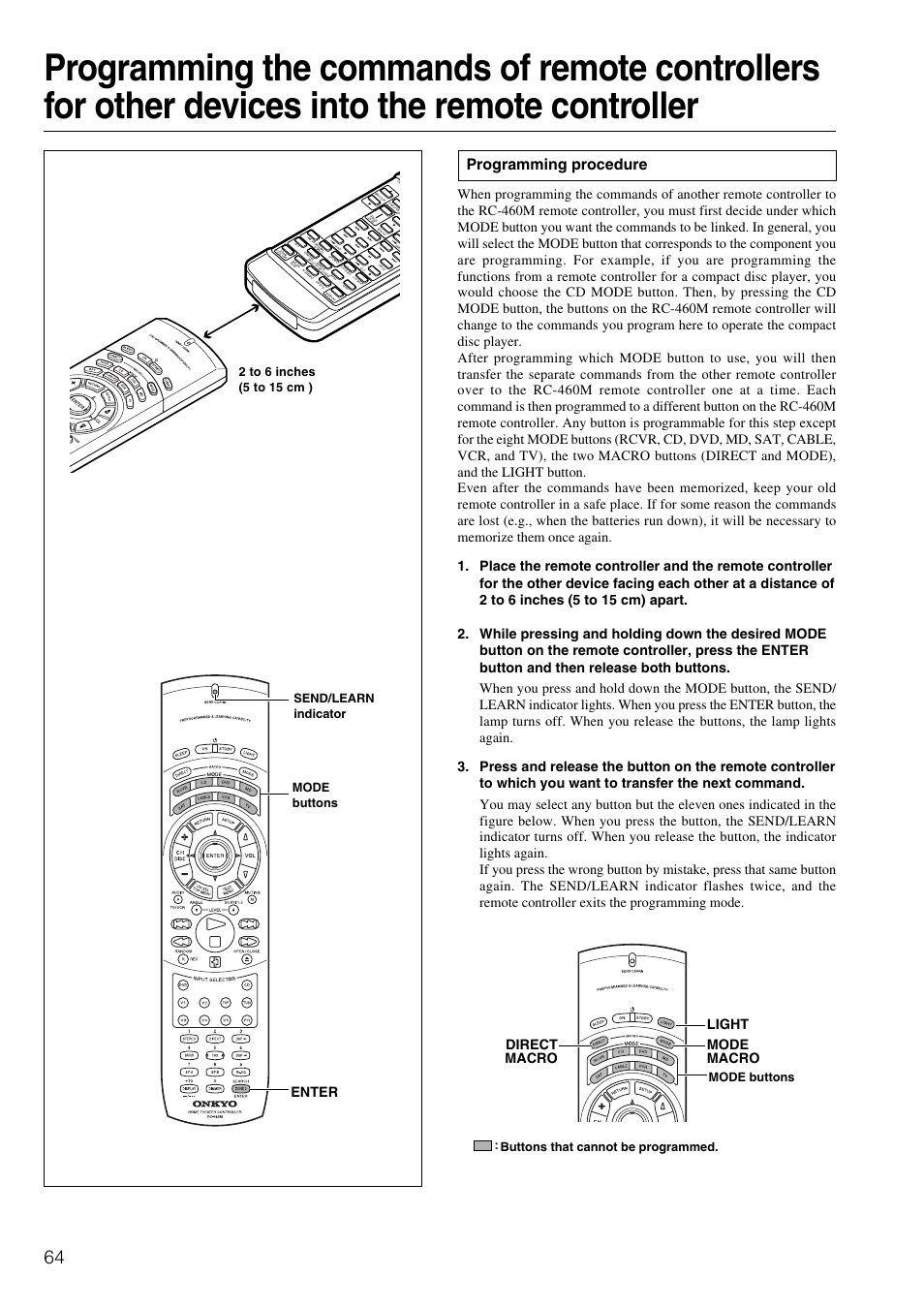 Programming procedure, Enter direct macro mode macro light | Onkyo TX-DS797 User Manual | Page 64 / 76