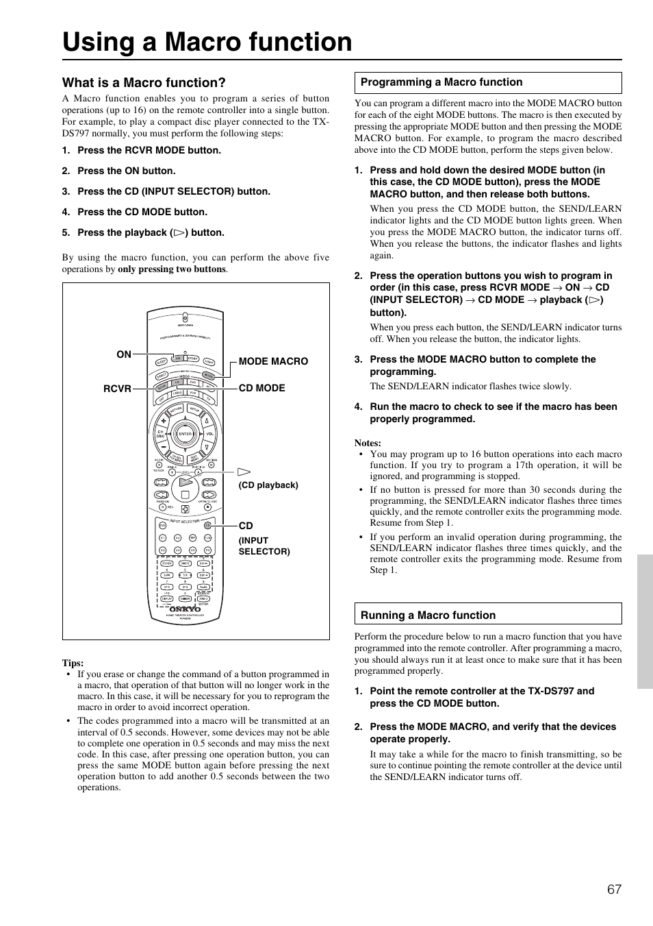 Using a macro function, What is a macro function | Onkyo TX-DS797 User Manual | Page 67 / 76