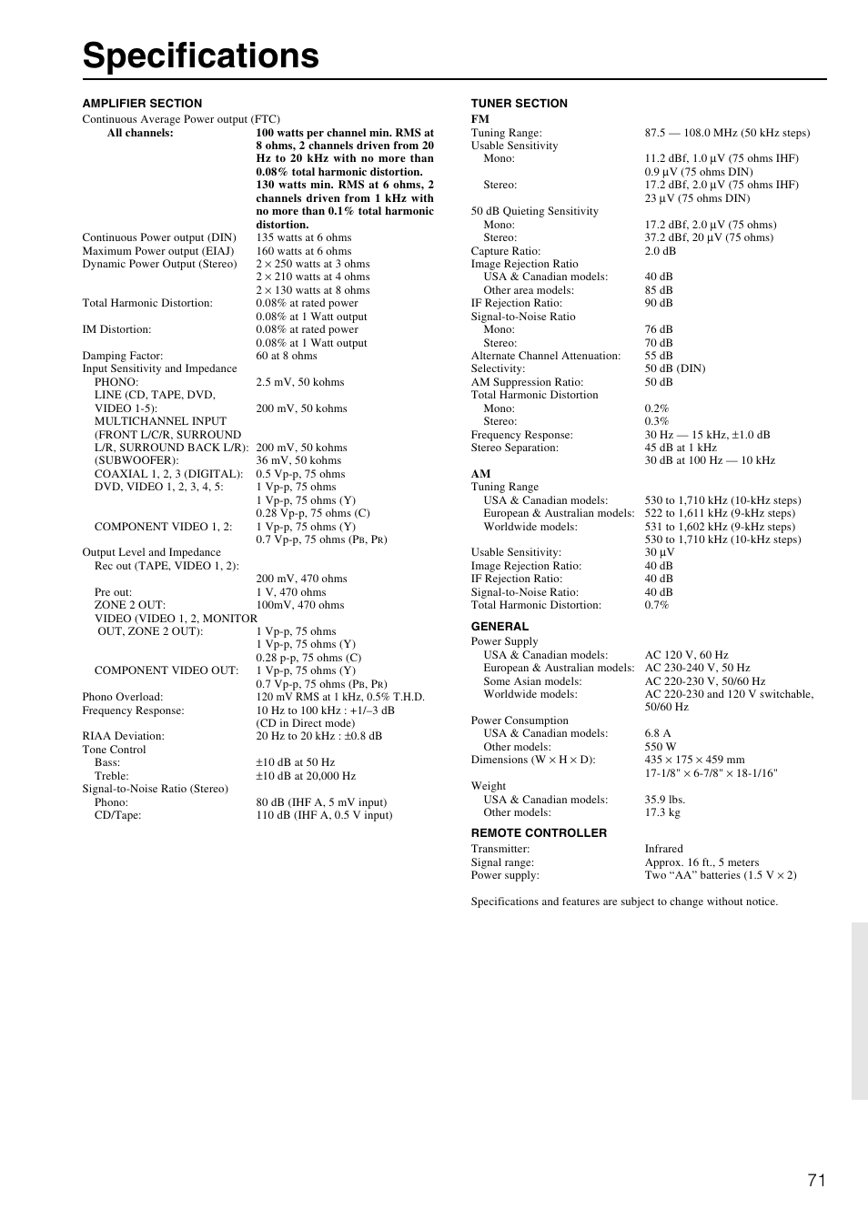 Specifications | Onkyo TX-DS797 User Manual | Page 71 / 76