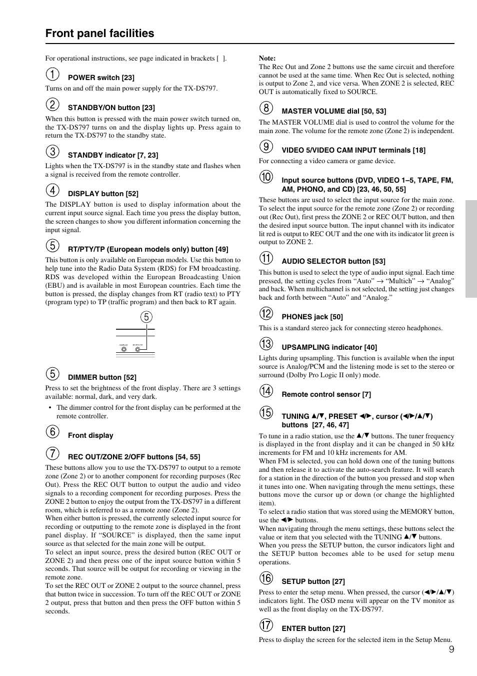 Front panel facilities | Onkyo TX-DS797 User Manual | Page 9 / 76