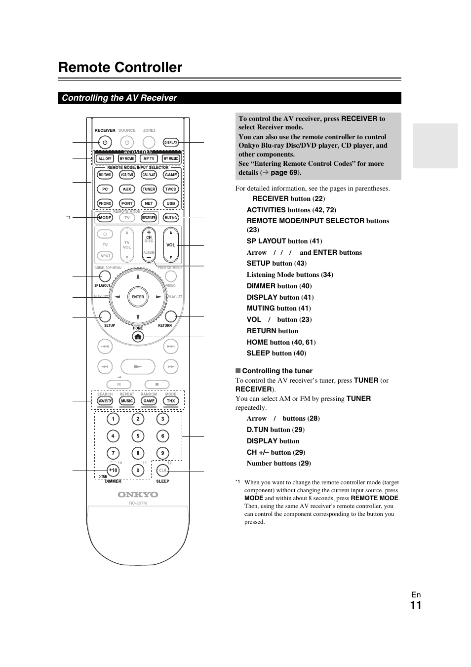Remote controller, Controlling the av receiver | Onkyo TX-NR709 User Manual | Page 11 / 96