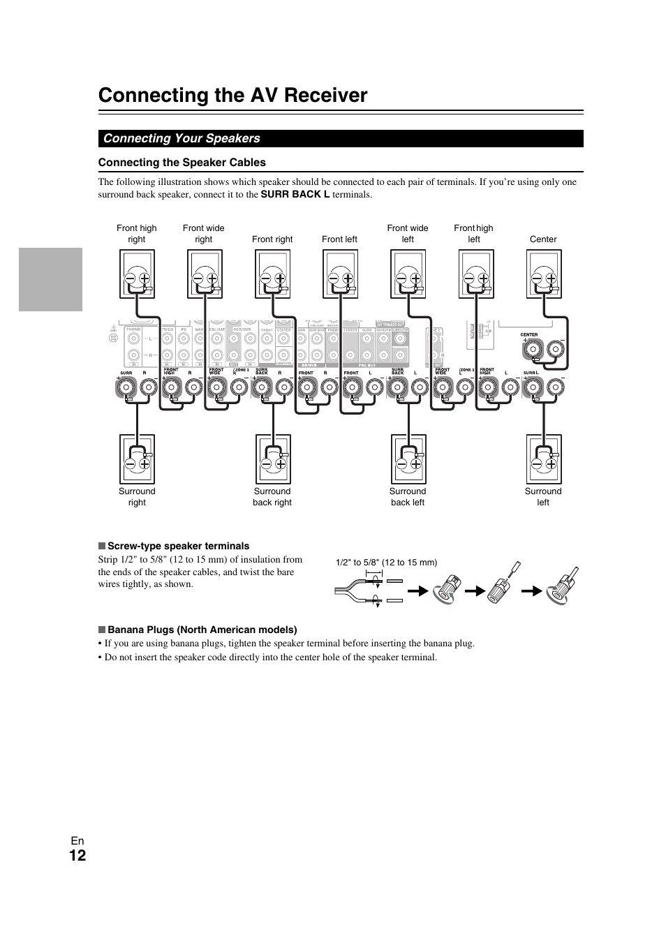 Connections, Connecting the av receiver, Connecting your speakers | Connecting the av receiver” for con | Onkyo TX-NR709 User Manual | Page 12 / 96