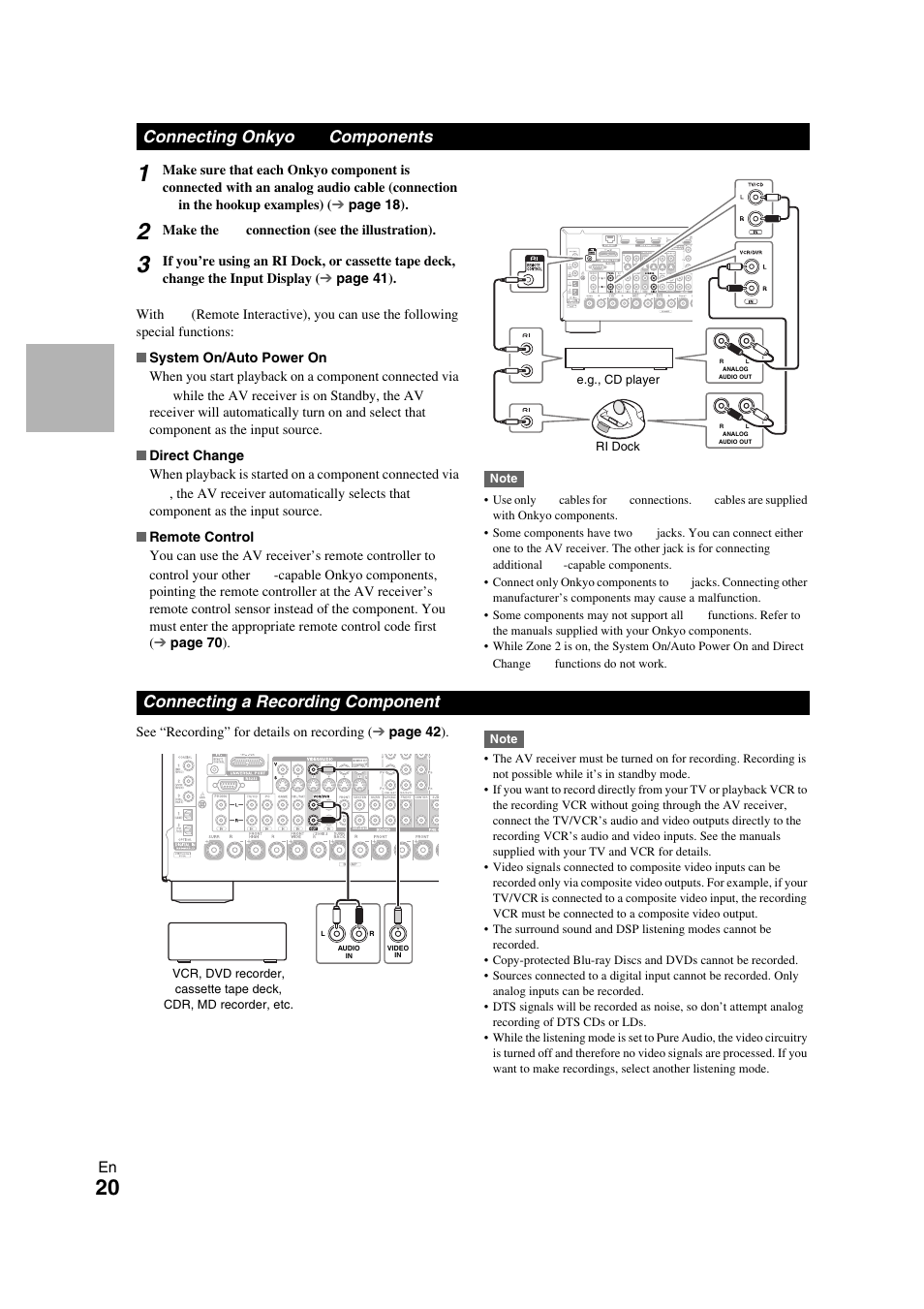Connecting onkyo ri components, Connecting a recording component, Connecting onkyo | Connecting onkyo components | Onkyo TX-NR709 User Manual | Page 20 / 96