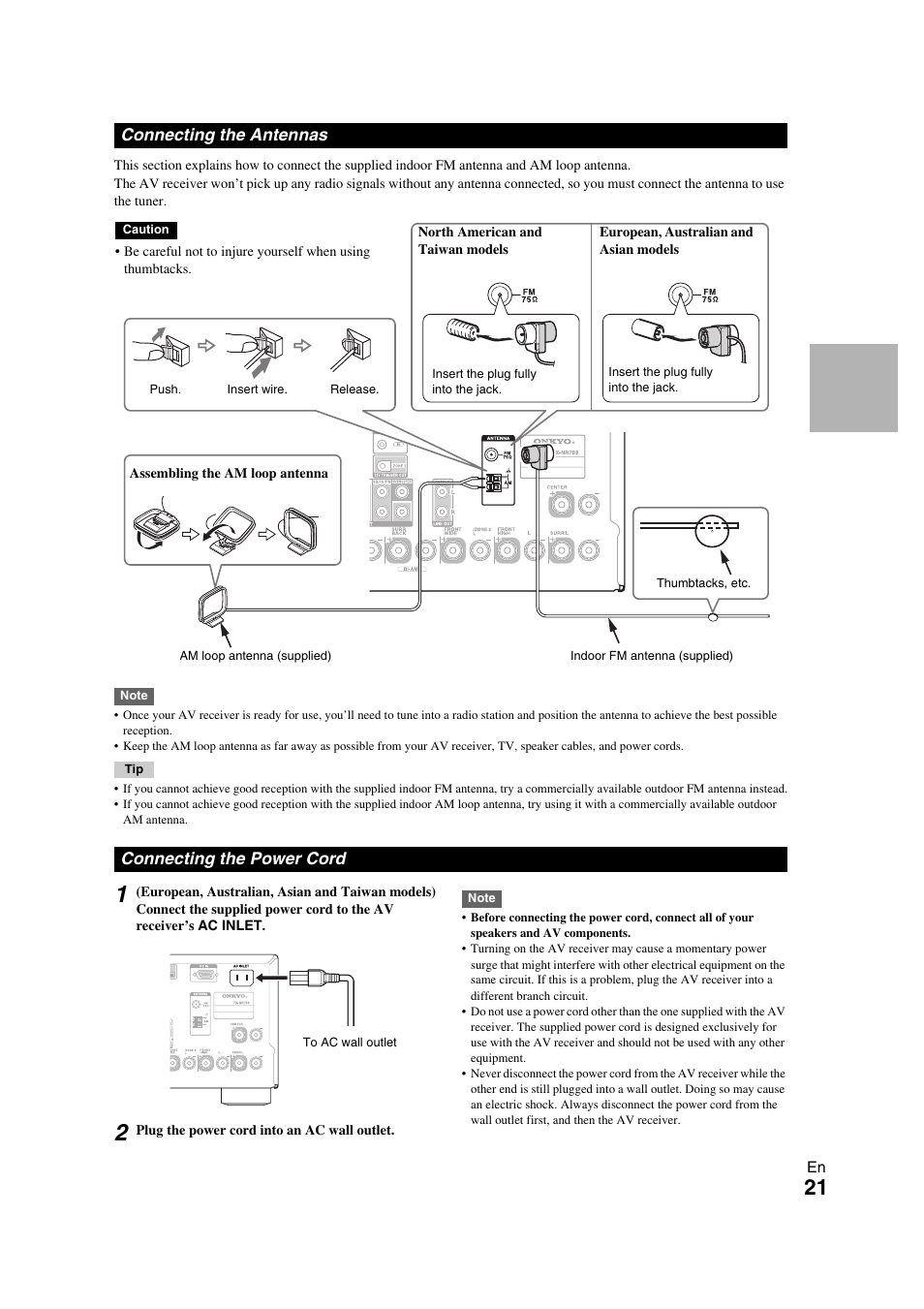 Connecting the antennas, Connecting the power cord, Connecting the antennas connecting the power cord | Onkyo TX-NR709 User Manual | Page 21 / 96