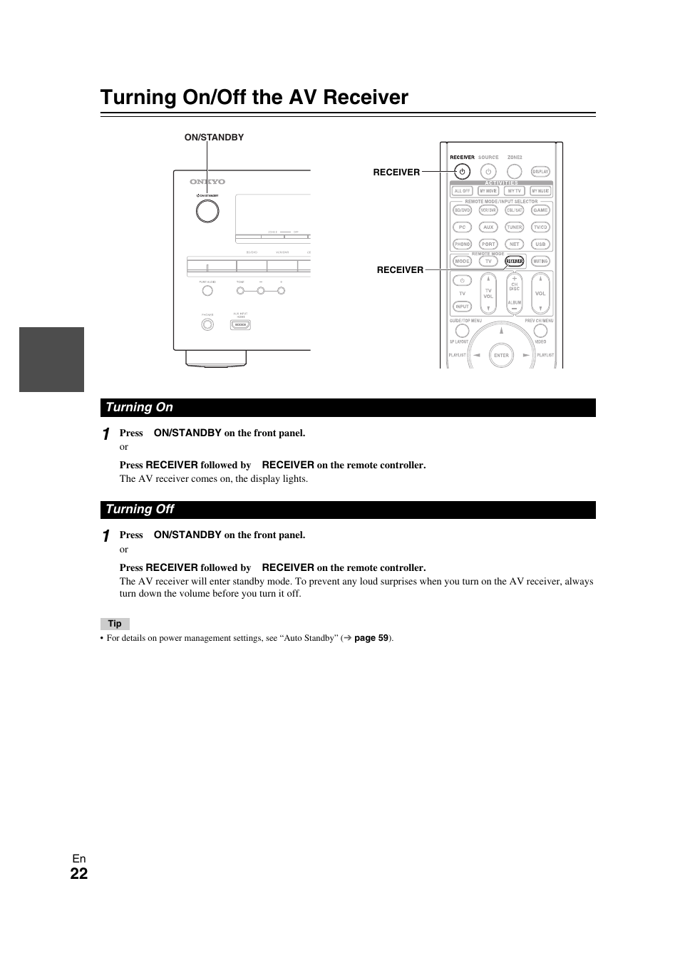Turning on & basic operations, Turning on/off the av receiver, Turning on | Turning off, Turning on turning off, Button (22) | Onkyo TX-NR709 User Manual | Page 22 / 96