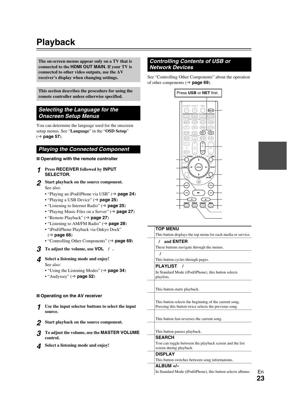 Playback, Playing the connected component, Controlling contents of usb or network devices | Selecting the language for the onscreen, Setup menus | Onkyo TX-NR709 User Manual | Page 23 / 96
