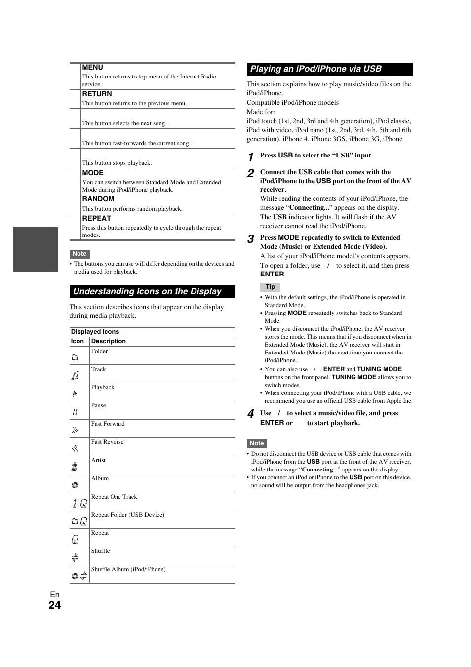Understanding icons on the display, Playing an ipod/iphone via usb | Onkyo TX-NR709 User Manual | Page 24 / 96