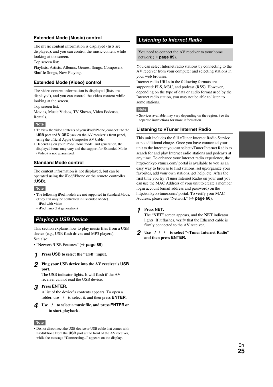Playing a usb device, Listening to internet radio, Playing a usb device listening to internet radio | Onkyo TX-NR709 User Manual | Page 25 / 96